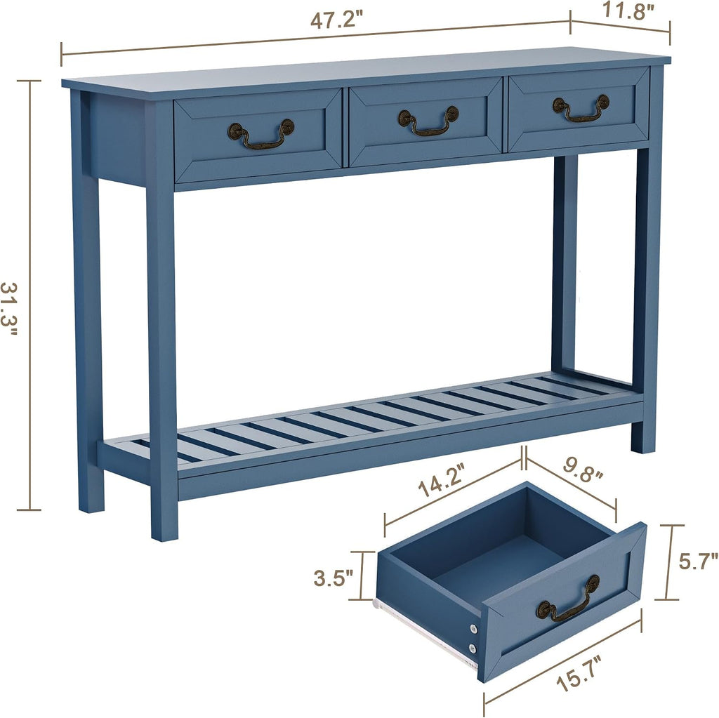 ChooChoo Console Table with 3 Drawers, Rustic Entryway Table, Narrow Long Sofa Table for Living Room, Hallway, Behind Couch, Blue