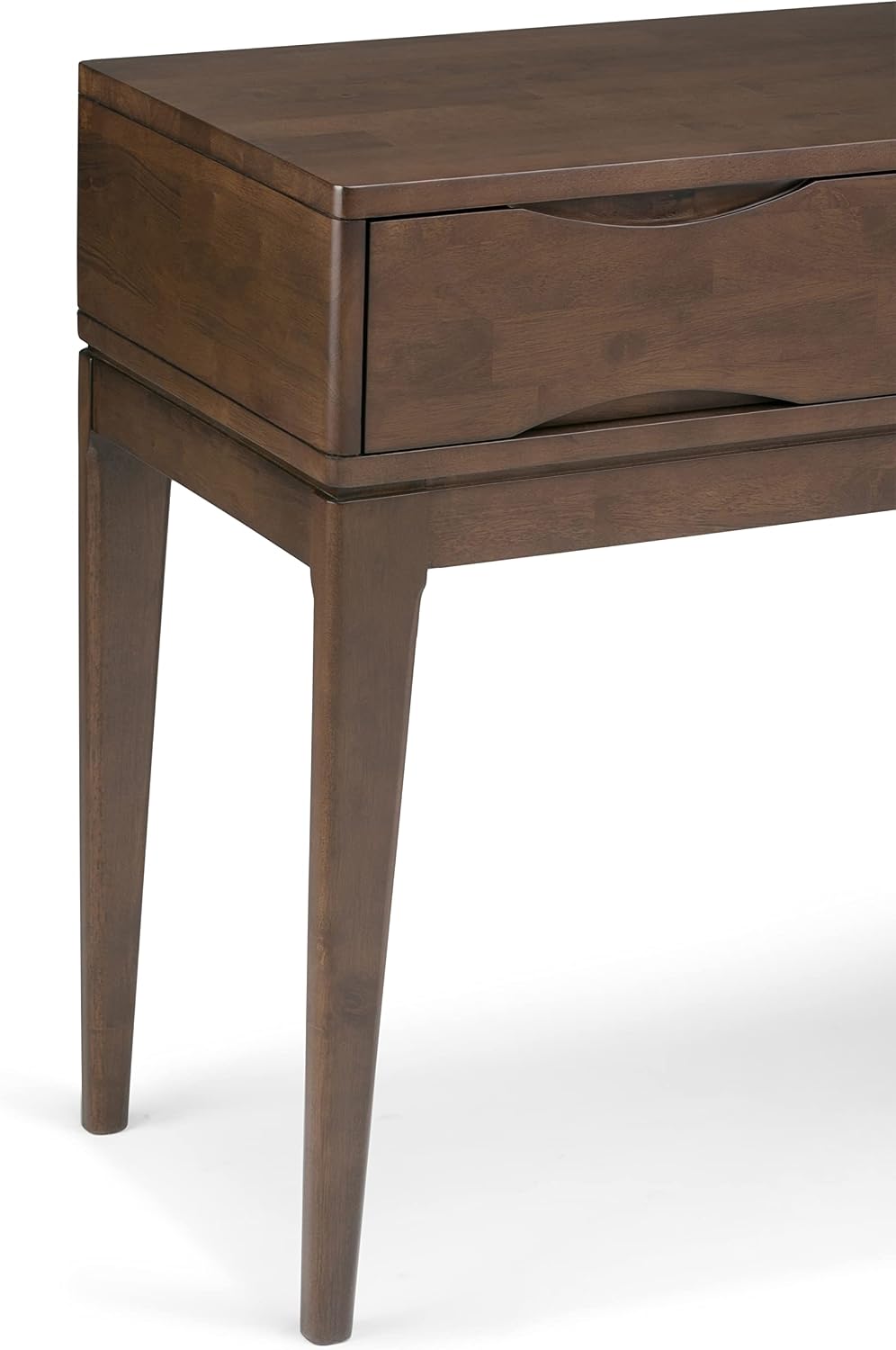 SIMPLIHOME Harper Console Table - 54 Inch Wide Solid Hardwood Sofa Table in Walnut Brown, Mid-Century Modern Storage Table for Entryway or Living Room with 3 Drawers, Notched Handles, and Tapered Legs