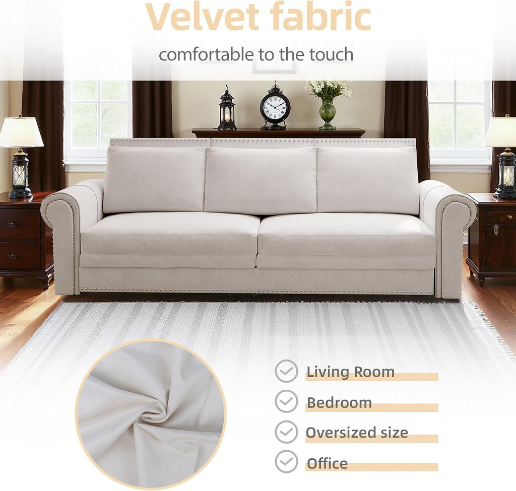 Casaphoria 93.7 Inch Pull Out Sleeper Sofa Beds, 3 in 1 Velvet Convertible Sofa Bed Couch, Vintage Loveseat Sofa Couch Bed for Apartment, Bedroom, Living Room, King Size White