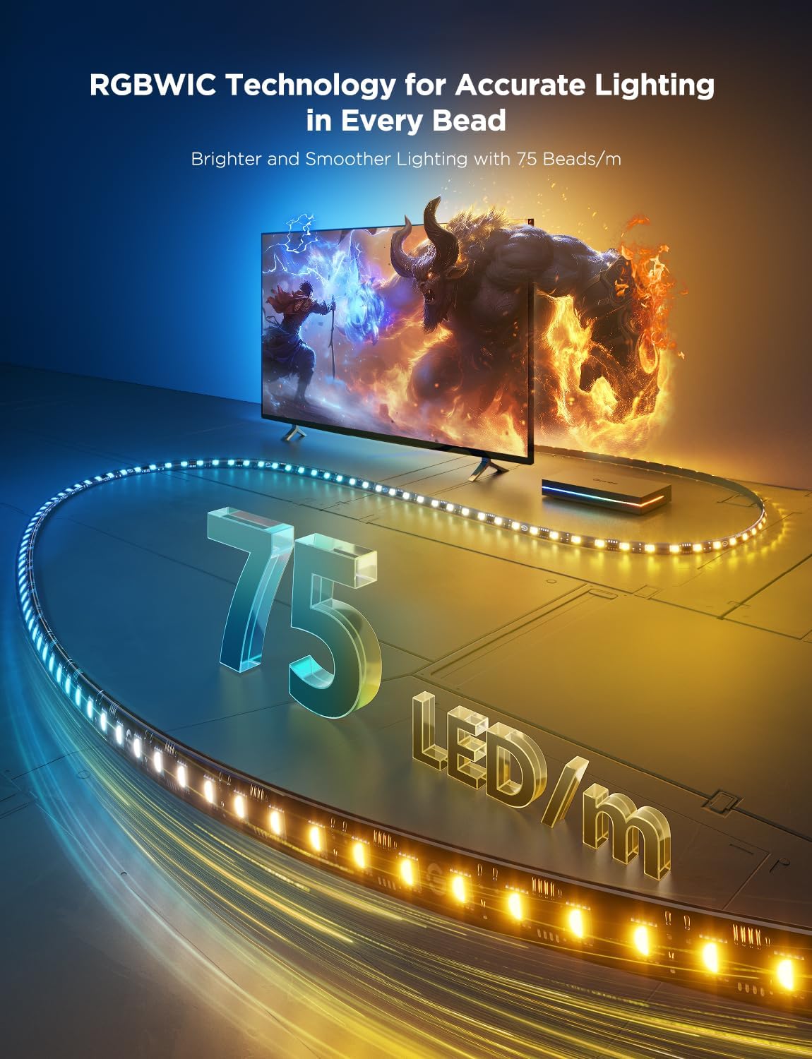 Govee HDMI 2.1 Sync Box 2, AI Sync Box with TV Backlight, Supports 8K@60Hz, 4K@144Hz, VRR and ALLM, Works with SmartThings, Matter and Alexa, RGBIC LED Light Strip for 75-85 inch TVs, 75 LEDs/m