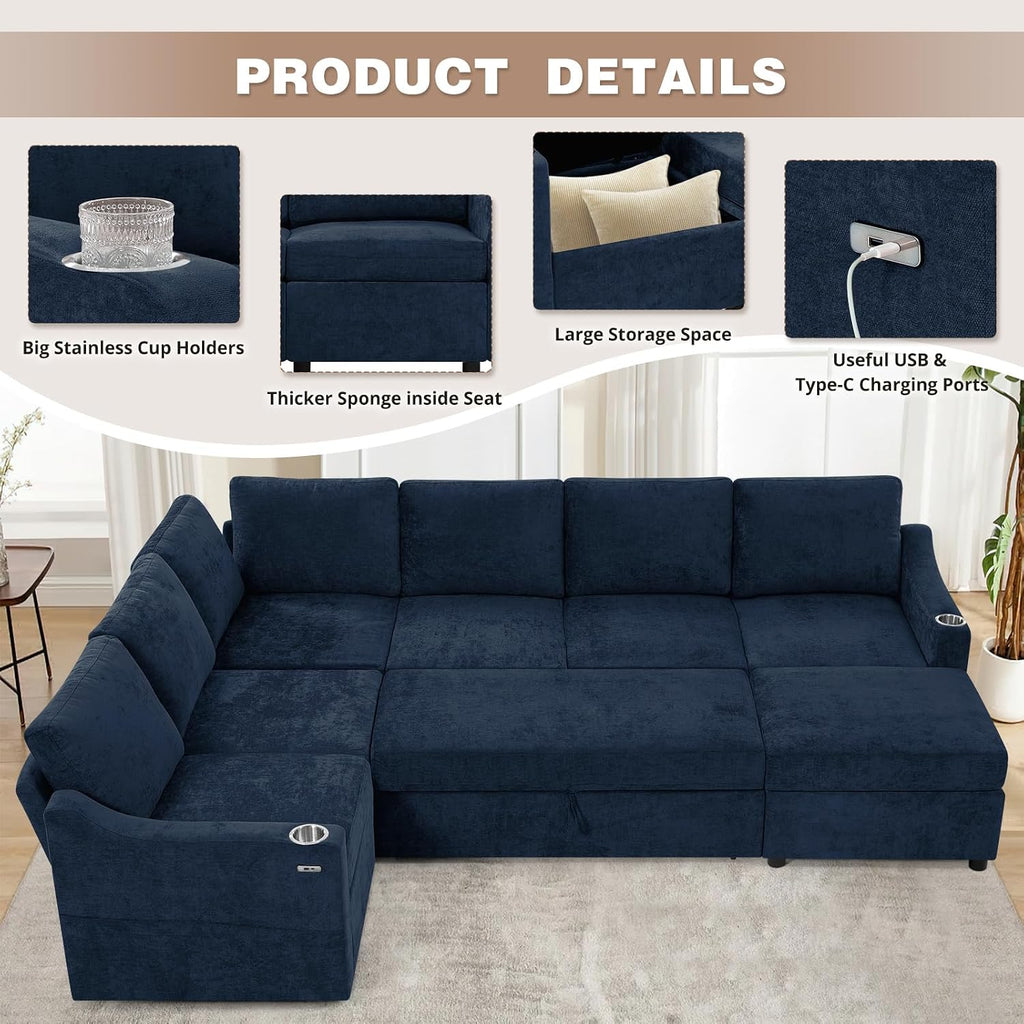 116' Chenille Modular Sofa Bed w/Adjustable Backrests, U-Shape Sleeper Sofa w/USB Ports & Storage Space, Convertible Corner Sectional Couch w/Pull Out Bed for House, Living Room, Blue