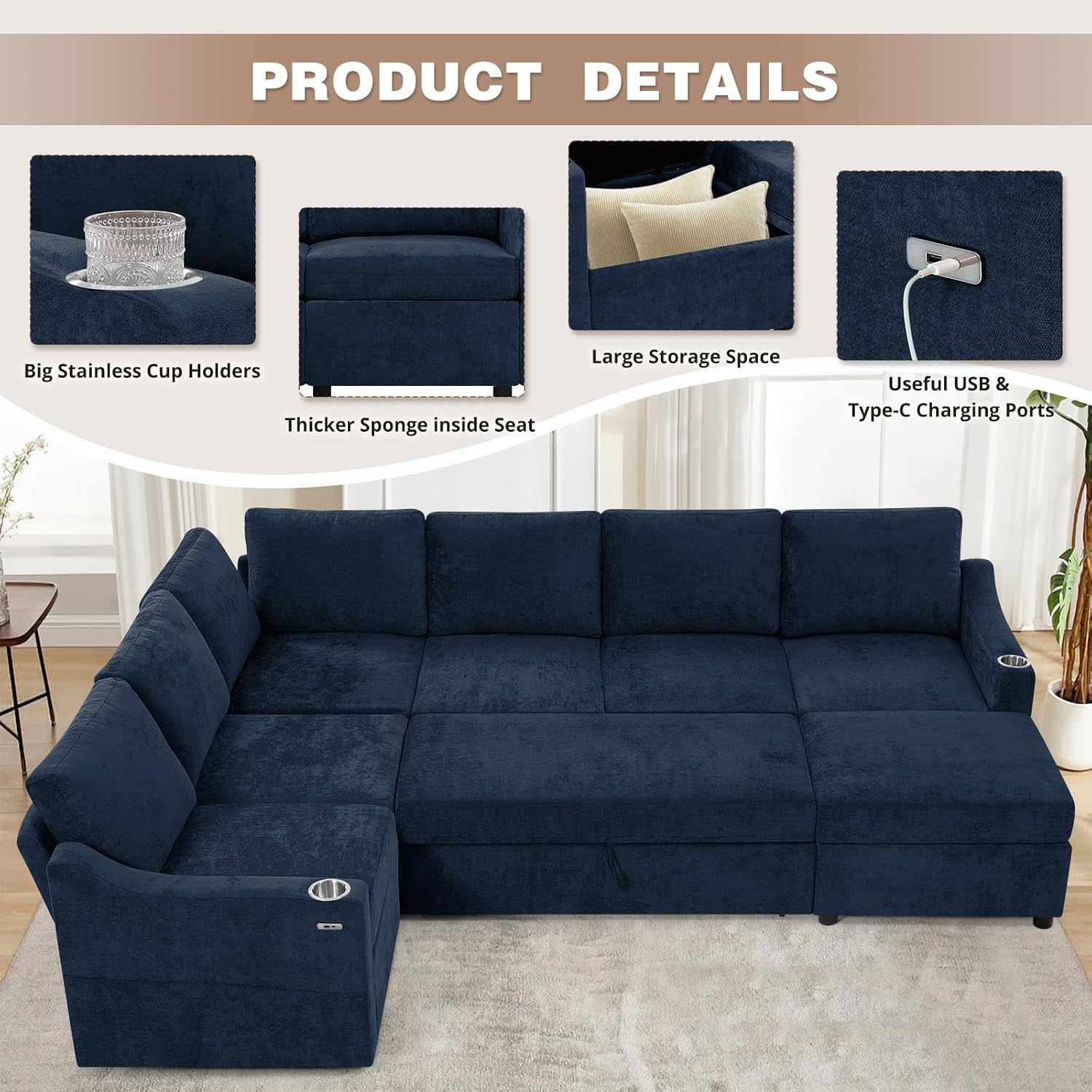 116' Chenille Modular Sofa Bed w/Adjustable Backrests, U-Shape Sleeper Sofa w/USB Ports & Storage Space, Convertible Corner Sectional Couch w/Pull Out Bed for House, Living Room, Blue