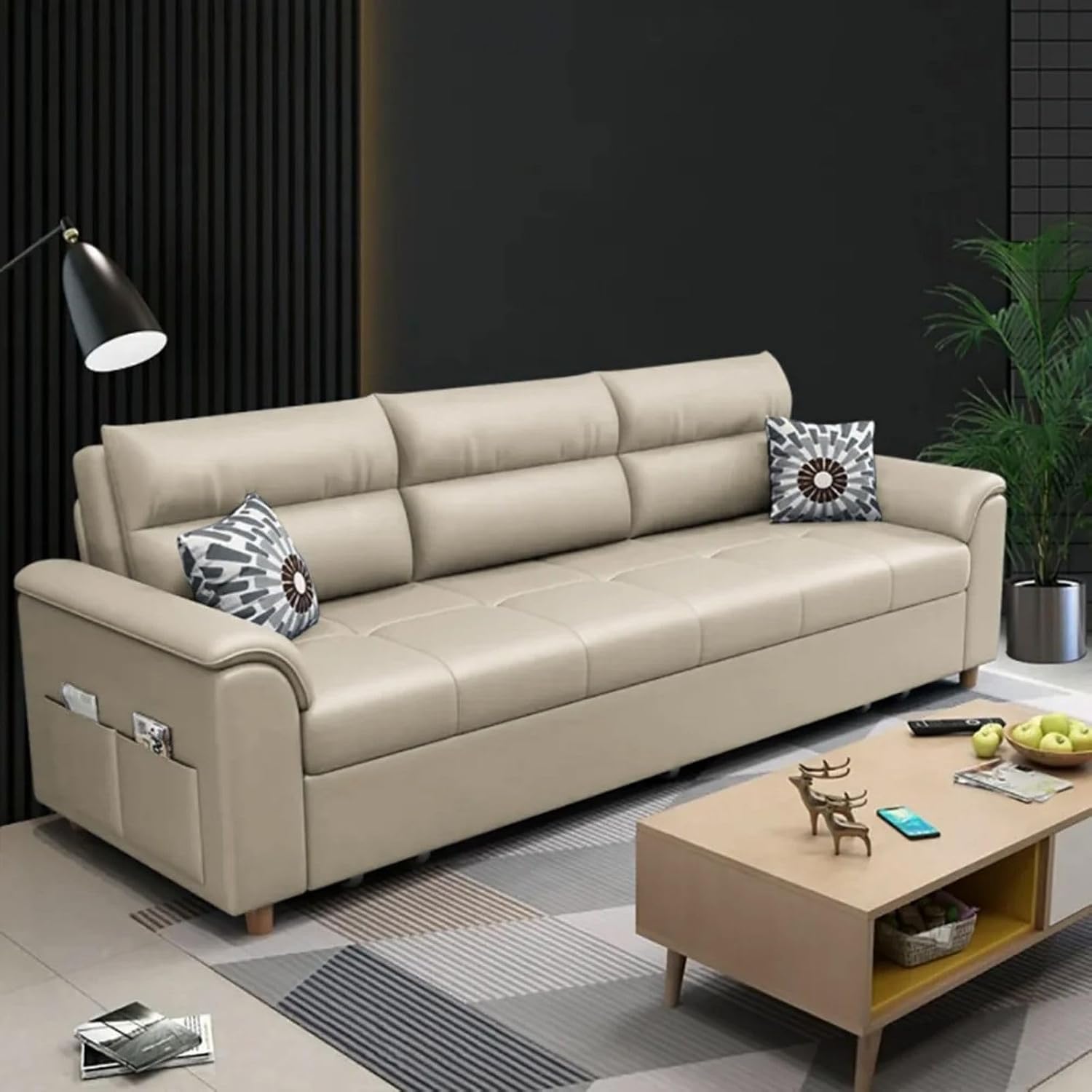 homary 74' Queen Sleeper Sofa Bed – 2-Seater Convertible Couch with Pull-Out Bed with Storage Drawers & Side Pockets, for Apartment Living Room (Beige)