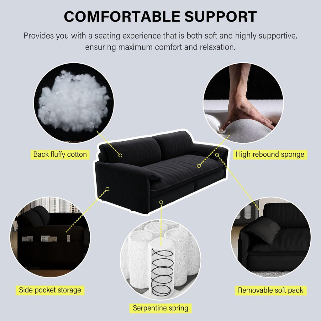 66' Queen Size Pull Out Sofa Bed, 3-in-1 Convertible Sleeper with Side Storage and Wheels, Velvet Loveseat for Living Room, Apartment, Bedroom, Black (Mattress & Bedding Not Included)