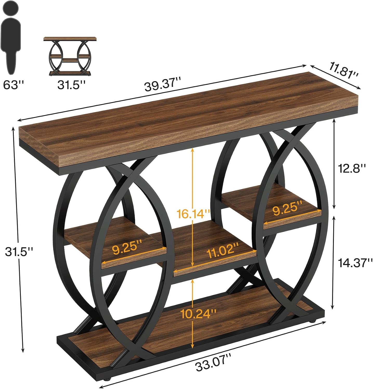 Tribesigns 39.4' Console Table, Industrial 4-Tier Sofa Table Entryway Table with Storage Shelves, Narrow Wood Accent Tables with Metal Frame for Small Spaces, Hallway, Foyer, Rustic Brown
