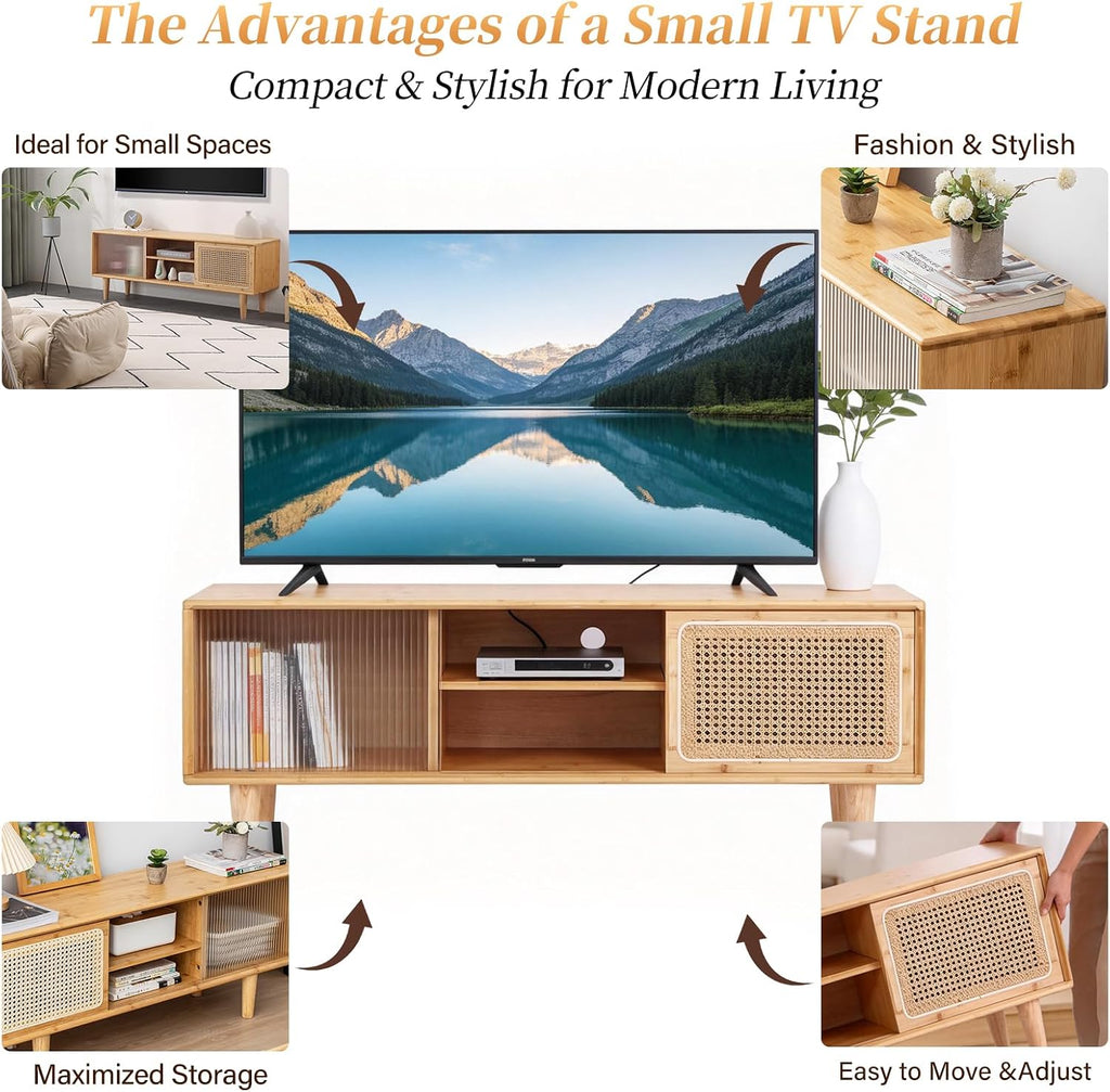 Tiita Rattan TV Stand for 55 Inch TV, Bamboo TV Cabinet with Adjustable Shelf and Storage, Boho Entertainment Center, Mid Century Modern Media Console for Bedroom, Living Room, Study (Natural)