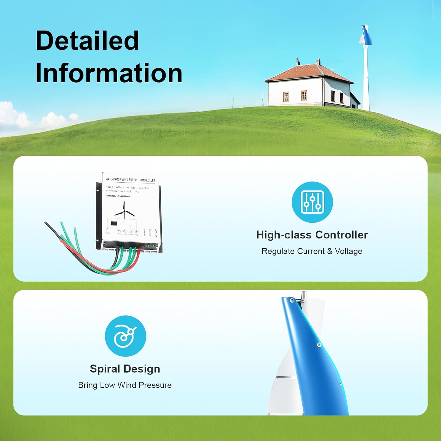 500W Wind Turbine, 12V Vertical Axis Wind Driven Generator with 2 Blades and Permanent Magnet Generator for Boats, Terrace, Marine, Motor Home, Chalet (100W, Blue+White)