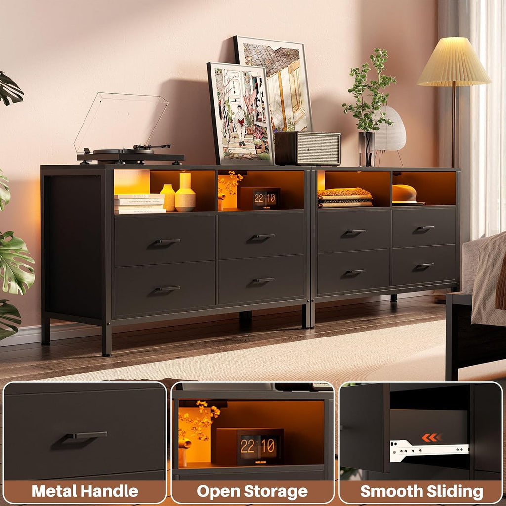TV Stand Dresser with Power Outlets and LED Lights, 4 Wood Drawers Dresser, Entertainment Center with 2 Open Storage Shelf, Media Console Table for 50 43 Inch TV, Black