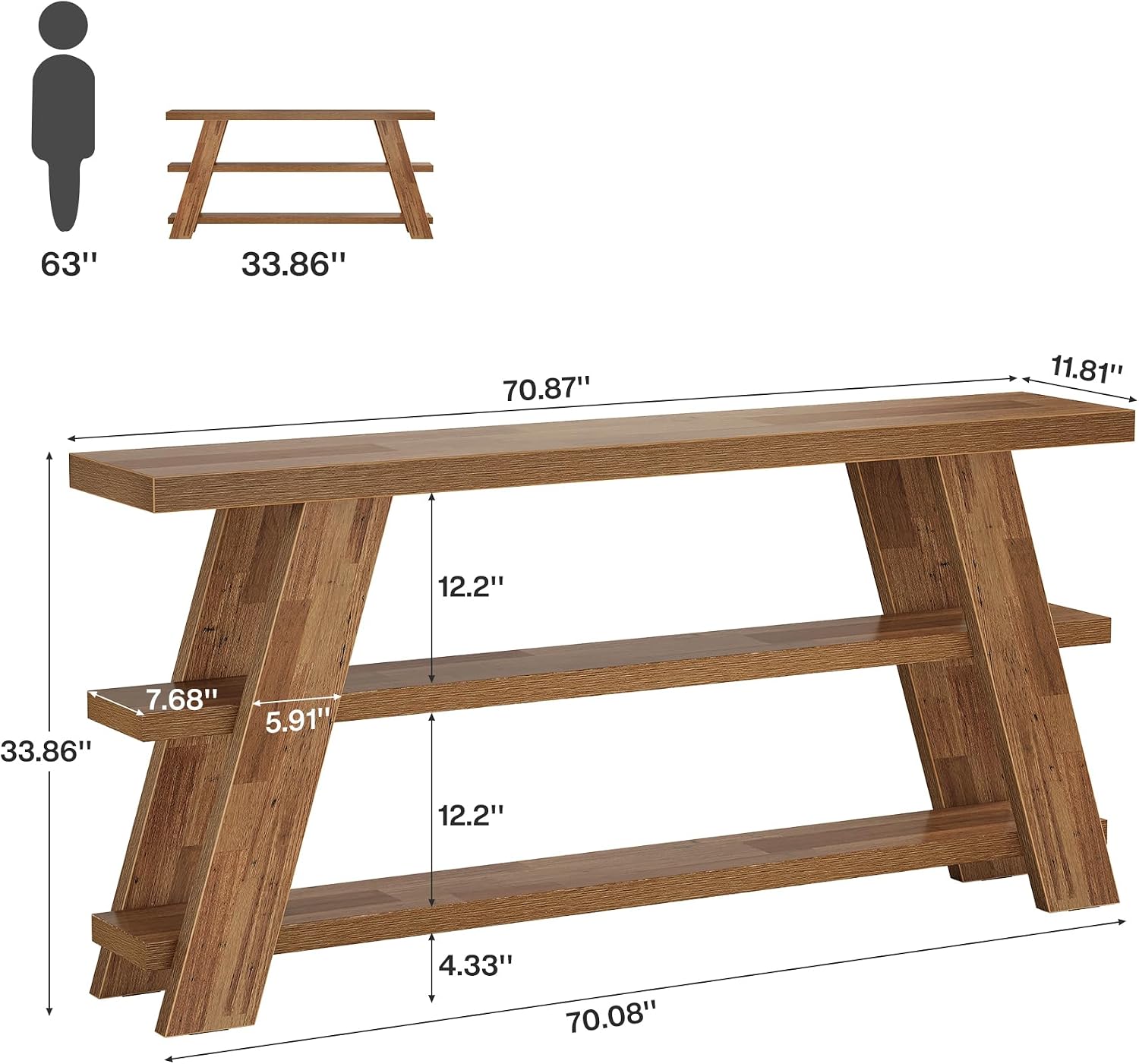 Tribesigns 70.9' Extra Long Console Table with Storage, 3-Tier Narrow Wooden Sofa Table Behind The Couch, Farmhouse Entry Foyer Table for Entryway, Living Room, Hallway, Brown