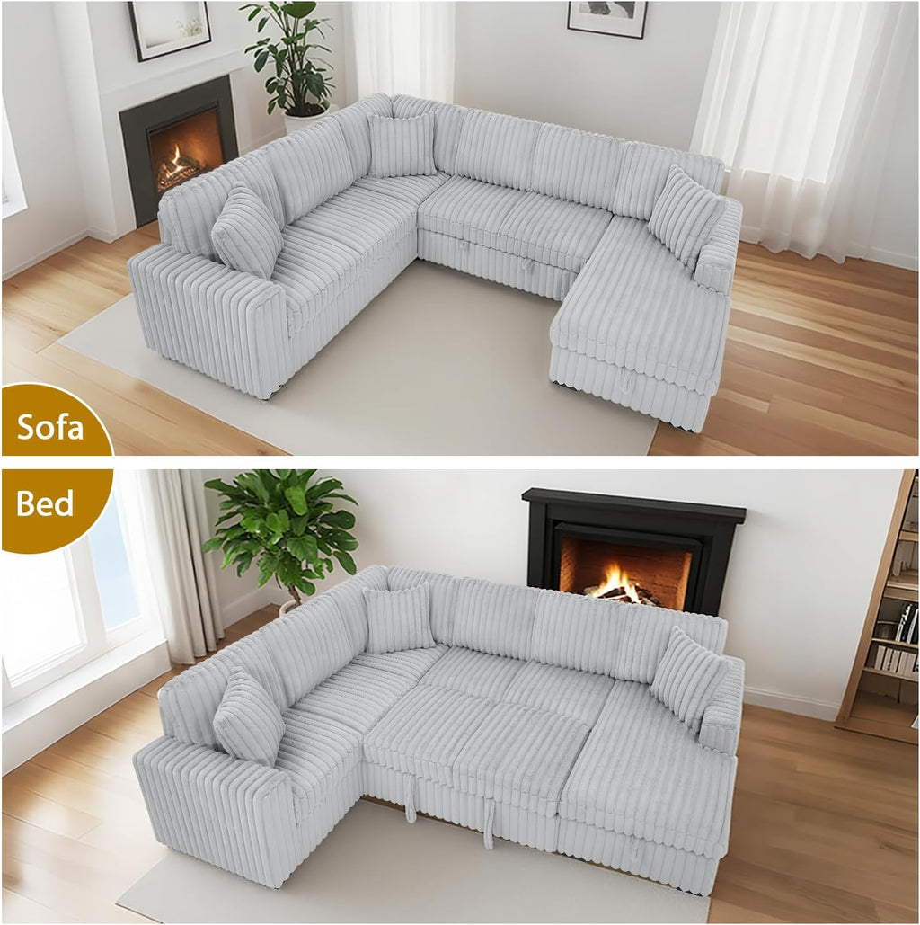 Oversized Sectional Sleeper Sofa with Pull Out Bed,3 Pillows,Type-C USB Port,Storage Chaise Lounge,U-Shaped 7 Seat Fuzzy Rabbit Plush Large Sectional Sofa Bed for Living Room,122 Inch,Grey