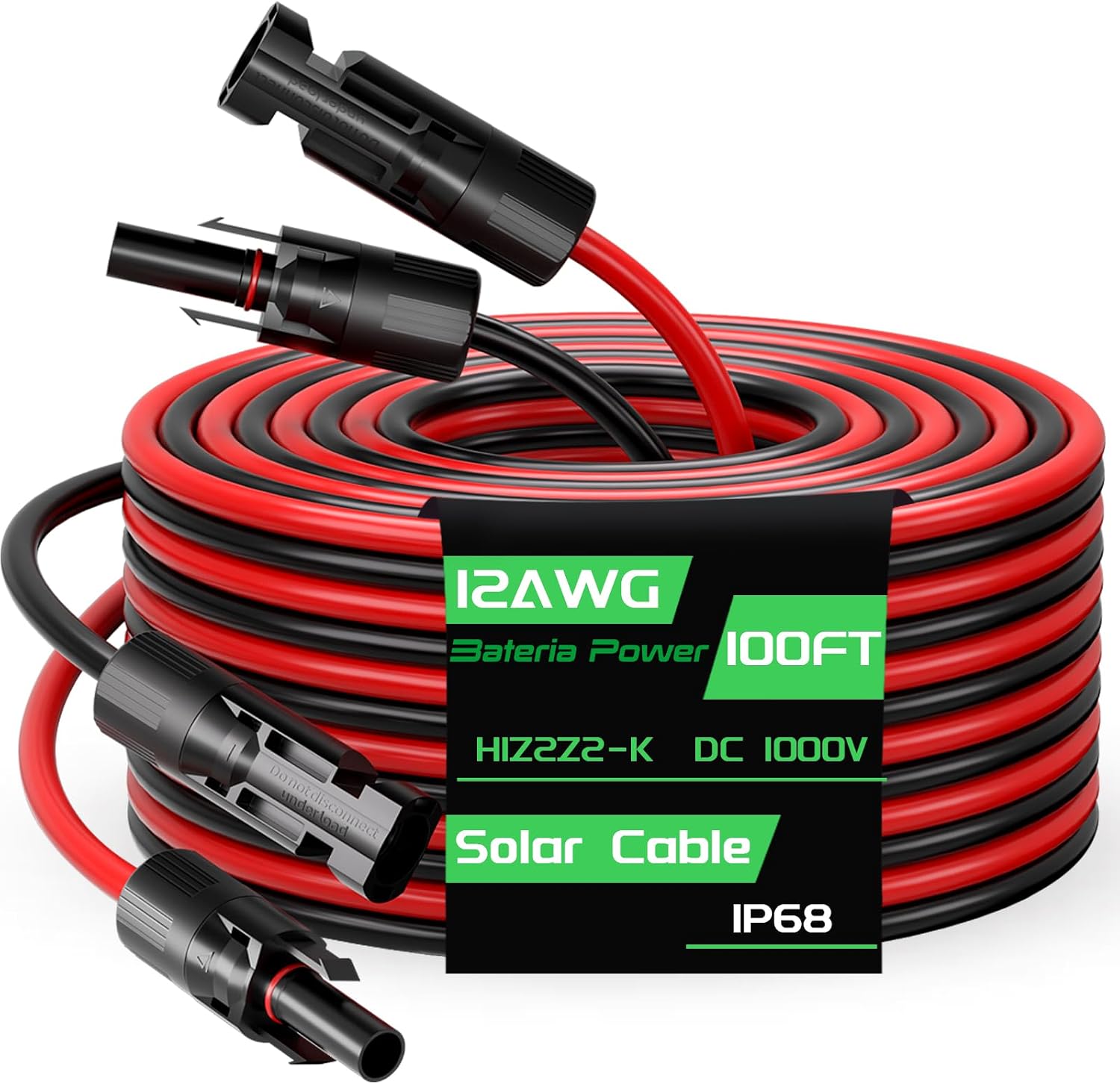 100FT 12AWG Solar Panel Extension Cable, Bateria Power 12 Gauge 4mm² PV Wire with Female & Male Waterproof Connectors for RV, Photovoltaic Systems, Set of 2