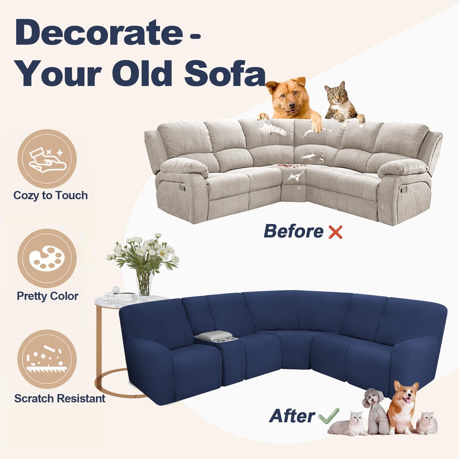 ALIECOM Waterproof Reclining Sectional Couch Covers for Reclining Sectional Stretch L Shaped Recliner Sofa Cover Washable Pet Dog Corner Sofa Slipcovers Protector (5 Seat and 1 Console, Navy Blue)