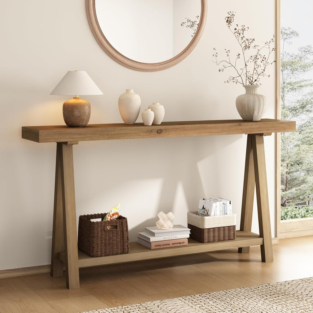HOKYHOKY Solid Wood Console Tables - 63' Pinewood Farmhouse Rustic Hallway Table, Foyer Tables Living Room, Solid Firwood Sofa Table for Entryway, Brown