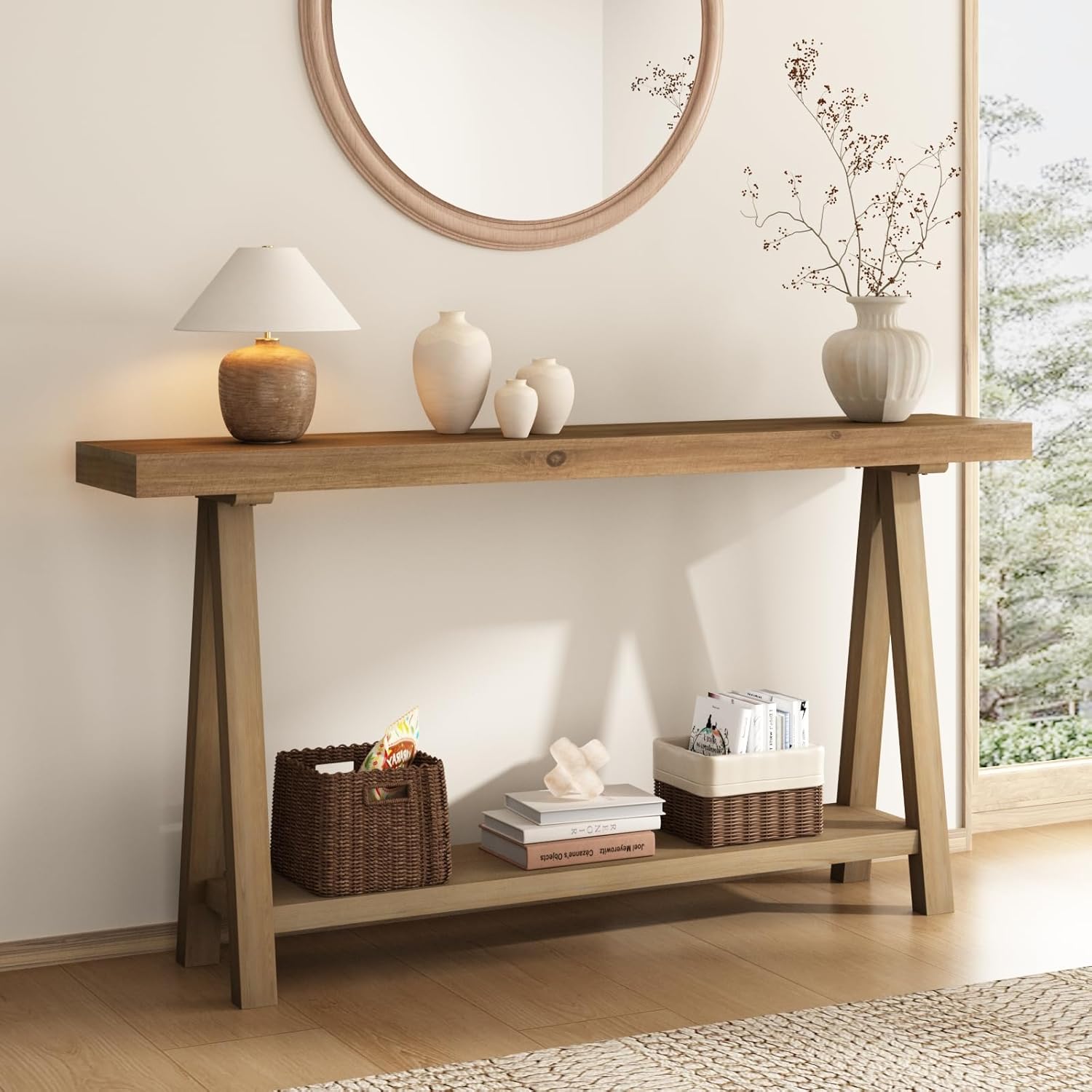 HOKYHOKY Solid Wood Console Tables - 63' Pinewood Farmhouse Rustic Hallway Table, Foyer Tables Living Room, Solid Firwood Sofa Table for Entryway, Brown