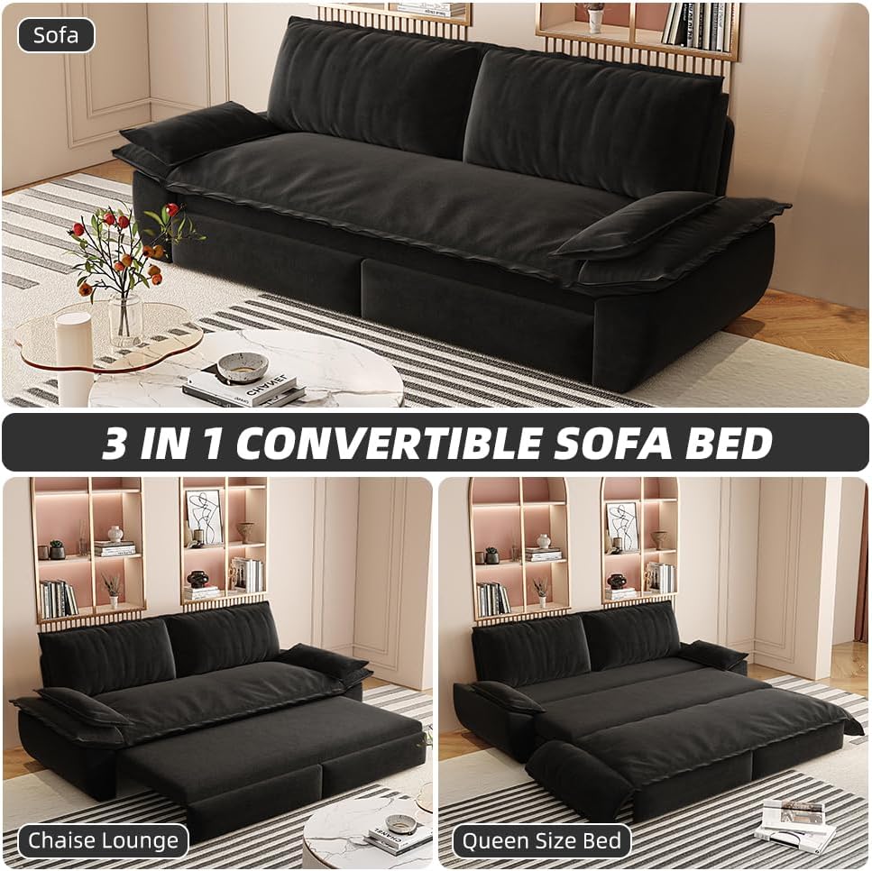 73.2'' Velvet Queen Size Sofa Bed, Loveseat 3-in-1 Convertible Sleeper Sofa Couch, Pull Out Sofabed, Space Saving, Black