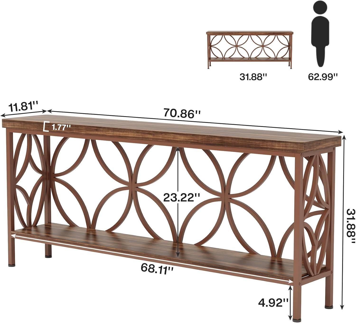 Tribesigns 70.9-Inch Narrow Sofa Table, 2-Tier Industrial Console Table Behind Couch, Long Entry Tables with Storage for Entryway, Living Room, Foyer, Hallway, Glossy Brown