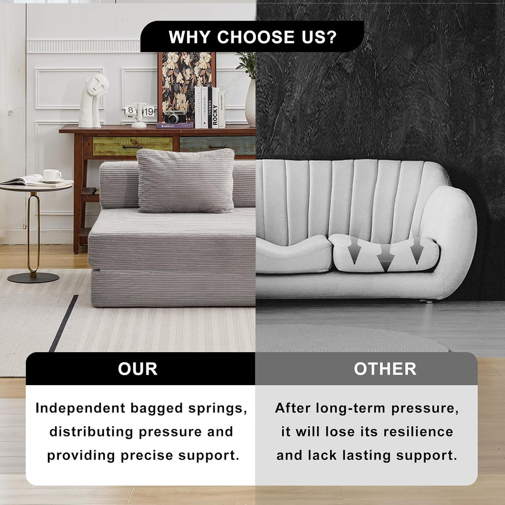 Folding Sofa Bed, Convertible Sleeper Chair with Pillow, Single Sofa with Back Support, Portable Fold Out Chair Cloud Couch Bed, Comfy Floor Sofa Lounge for Living Room Bedroom, Light Grey