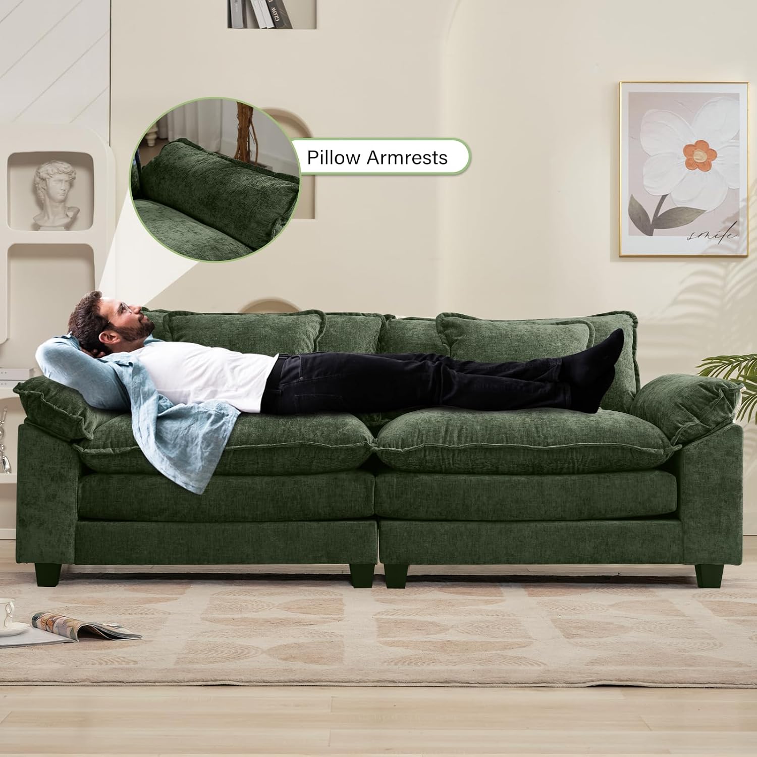 Oprisen 86' Modular Sectional Sofa, Comfy Cloud Couch Sectional Sofa, Chenille Sofa Sleeper Deep Seat Sofa with Throw Pillows for Living Room (Green, 86'- Loveseat)