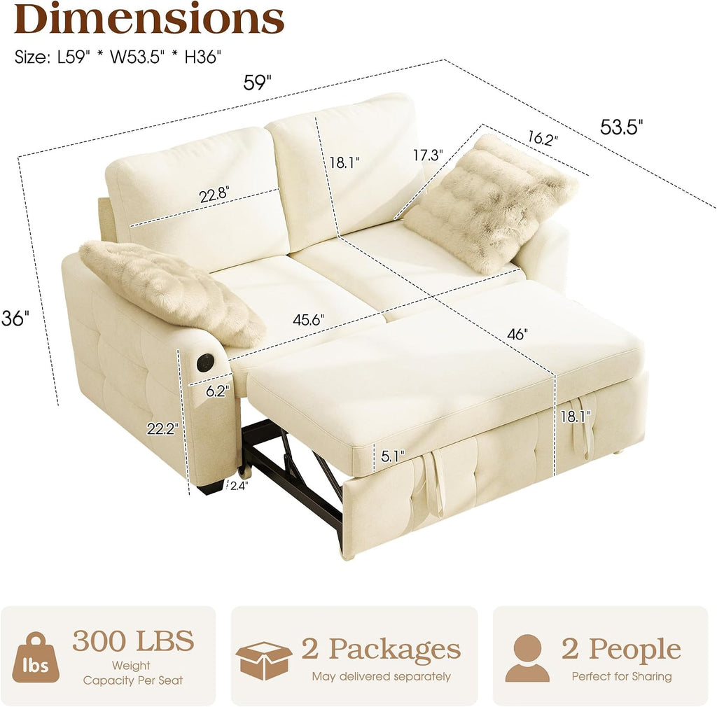 Ihanherry 59-inch Convertible Sofa Bed, Pull Out Sleeper with USB Port & Wide Armrests, 2-in-1 Chenille Fabric Loveseat with 2 Pillows, Space-Saving for Small Apartment, Living Room, Bedroom（Beige）