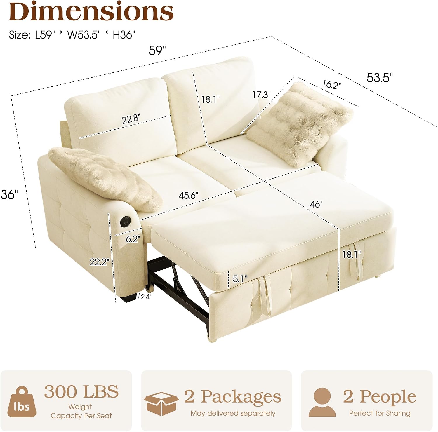 Ihanherry 59-inch Convertible Sofa Bed, Pull Out Sleeper with USB Port & Wide Armrests, 2-in-1 Chenille Fabric Loveseat with 2 Pillows, Space-Saving for Small Apartment, Living Room, Bedroom（Beige）