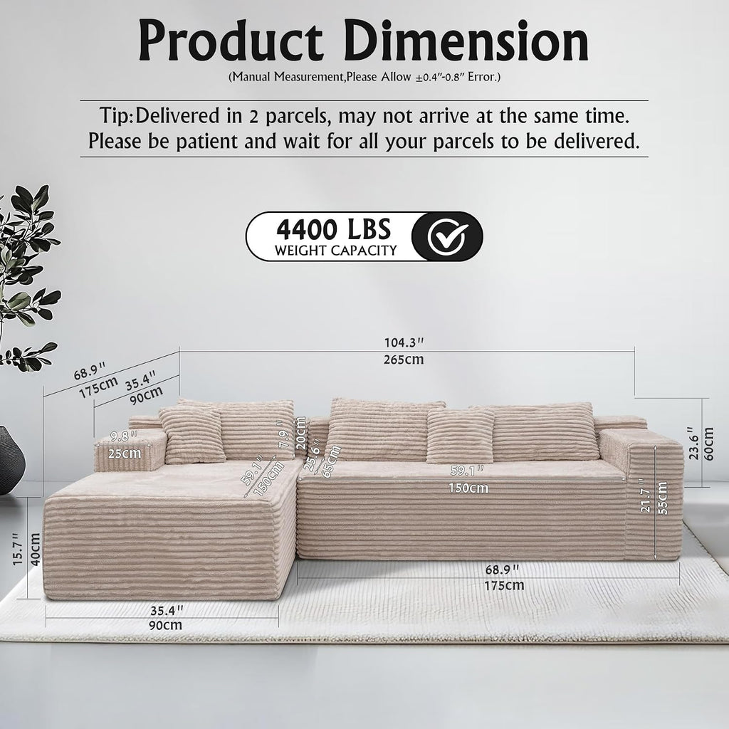 Sectional couches for Living Room Corduroy Couch, 104' Cloud Sectional Couch with L-Shape Chaise, Modern Modular Sofa, Deep Seat Comfort, No Assembly Required(Plush Corduroy, Left Facing Chaise)