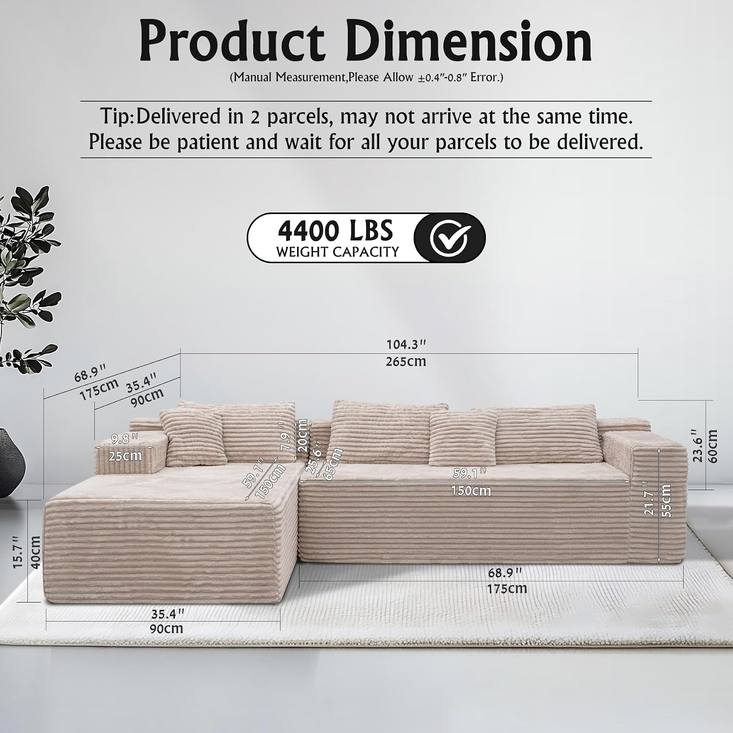Sectional couches for Living Room Corduroy Couch, 104' Cloud Sectional Couch with L-Shape Chaise, Modern Modular Sofa, Deep Seat Comfort, No Assembly Required(Plush Corduroy, Left Facing Chaise)