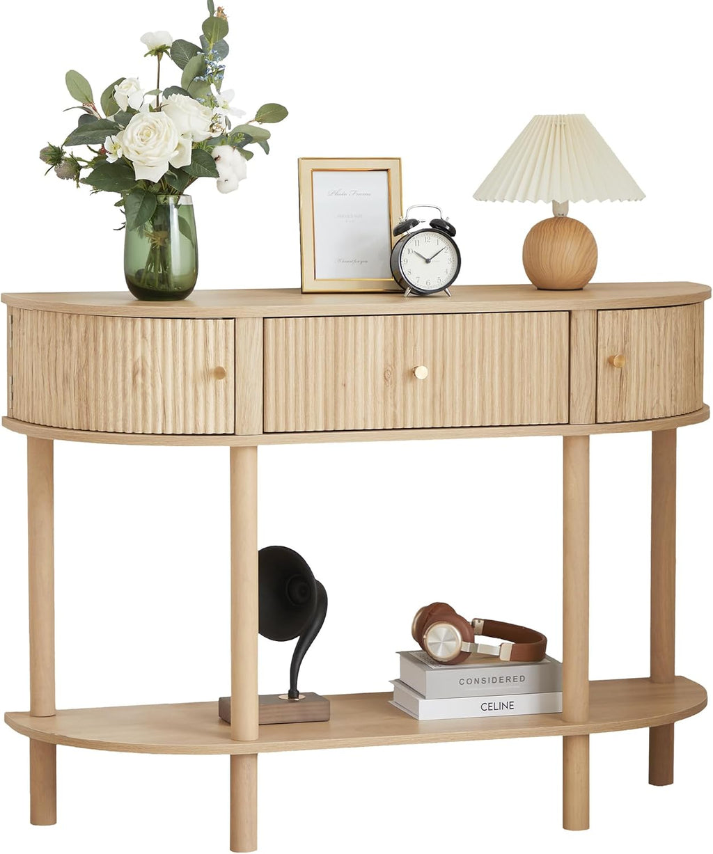 XUZENEST 43.3' Fluted Half Moon Console Table, Modern Entryway Console Sofa Table with Storage, Narrow Wood Accent Tables Behind Couch Tables for Living Room, Hallway, Foyer(Natural)