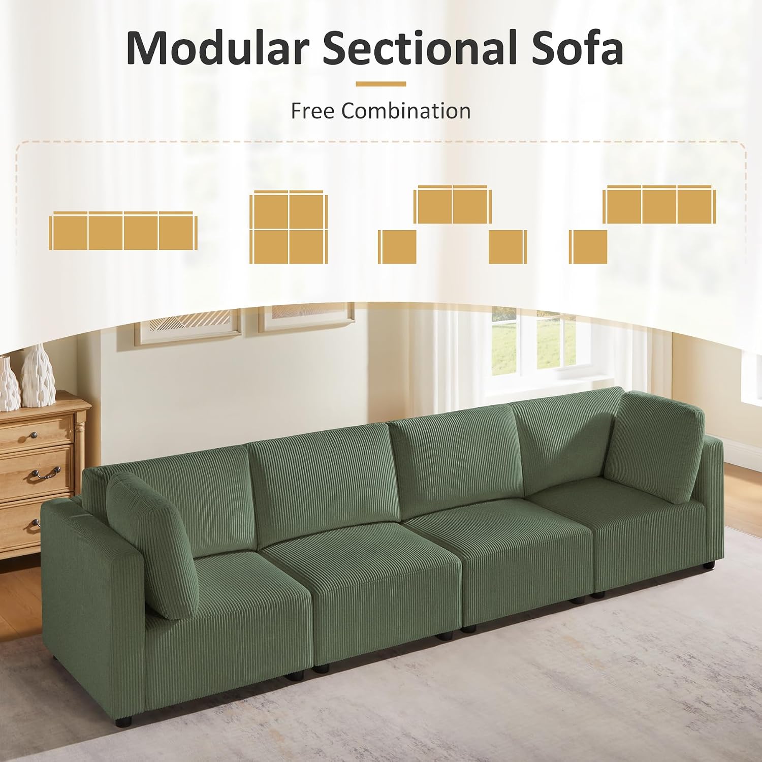 123.6' Modular Sectional Sofa, Corduroy Reversible Small Sectional Sofa Bed with Chaise, 4 Seater Convertible Modular Loveseat Single Sofa Set Free Combination Couch for Living Room Bedroom Apartments