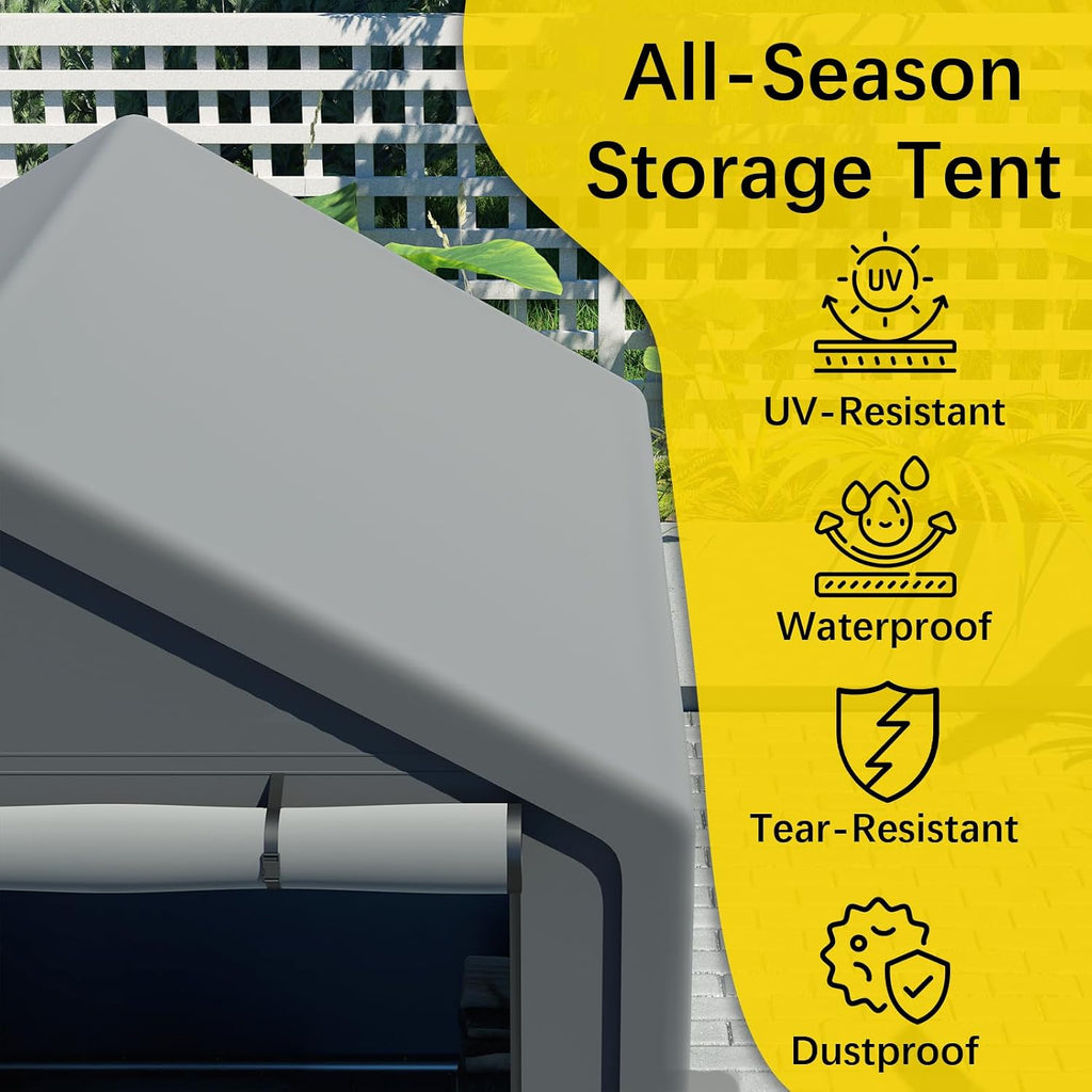 6x6 ft Storage Tent with Roll up Doors, Outdoor Portable Shelter Shed Garage Tent Carport, Waterproof Snowproof for Lawn Mower, Bike, Motorcycleand, Gray