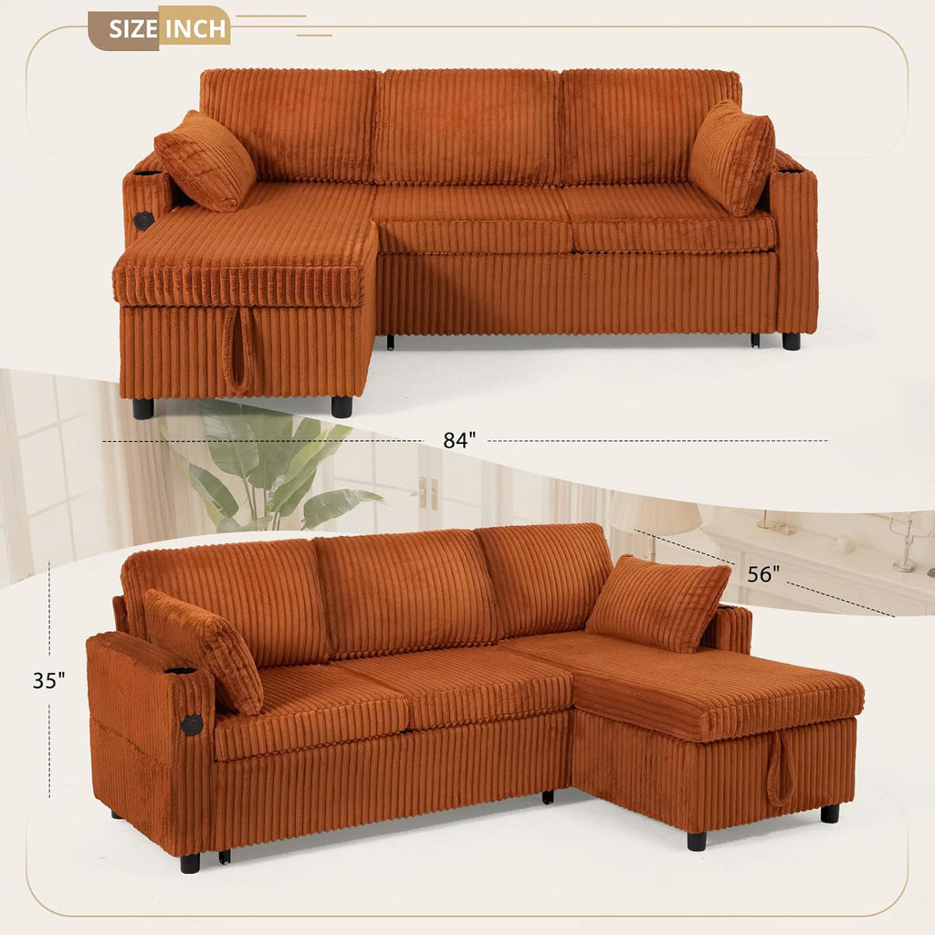 84' Corduroy Sectional Sleeper Sofa Bed w/Adjustable Backrests & USB Charging Port, L-Shape Couch Bed w/Storage Chaise, Convertible 3 Seater Sofa w/Cup Holders for Living Room, House, Orange