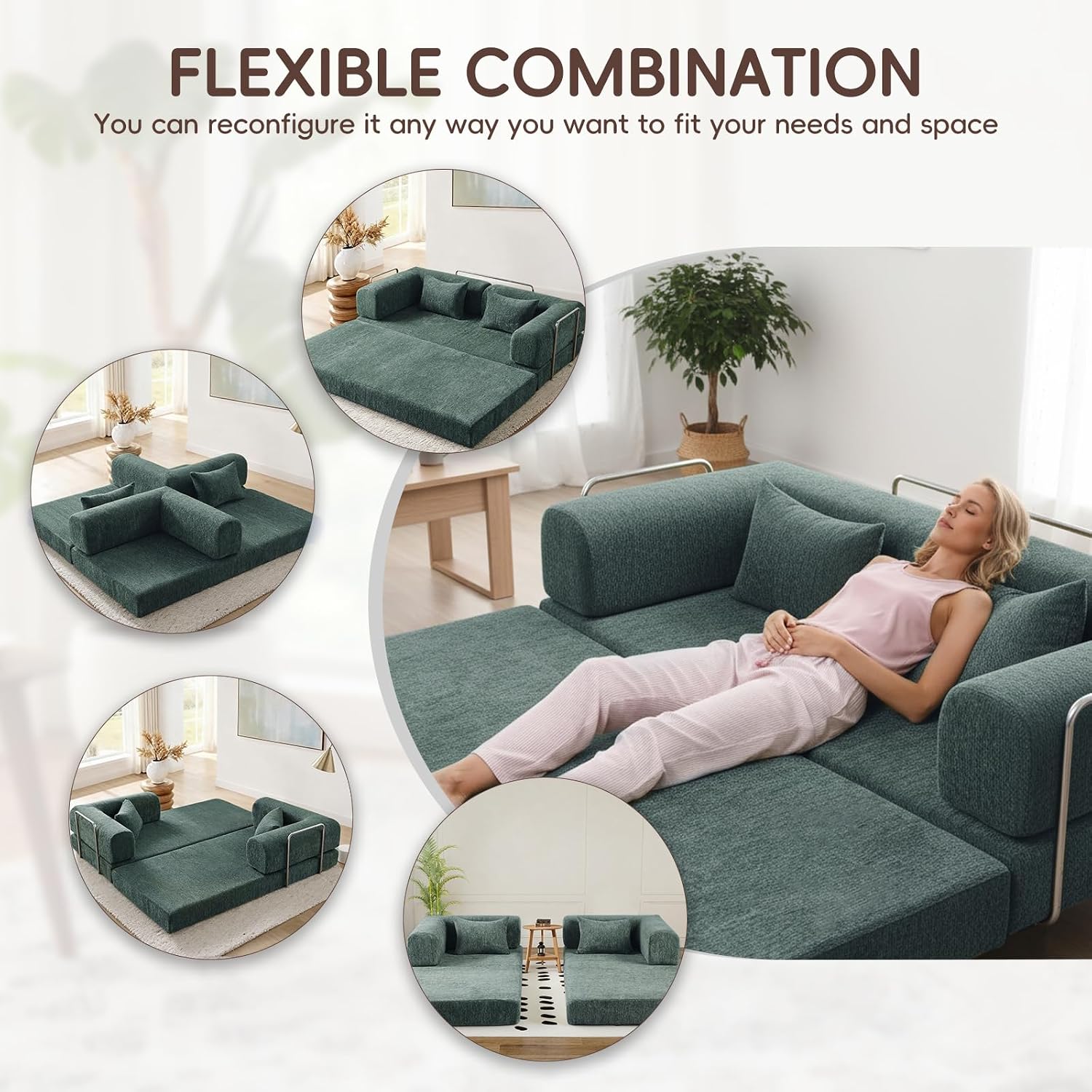5-in-1 Convertible Folding Sofa Bed, 79' Queen Chenille Boneless Couch with Removable Armrests, No Assembly Loveseat Sleeper Sofa, Modular Futon Couch for Living Room & Bedroom (Emerald Green) | 5-in-1 Convertible