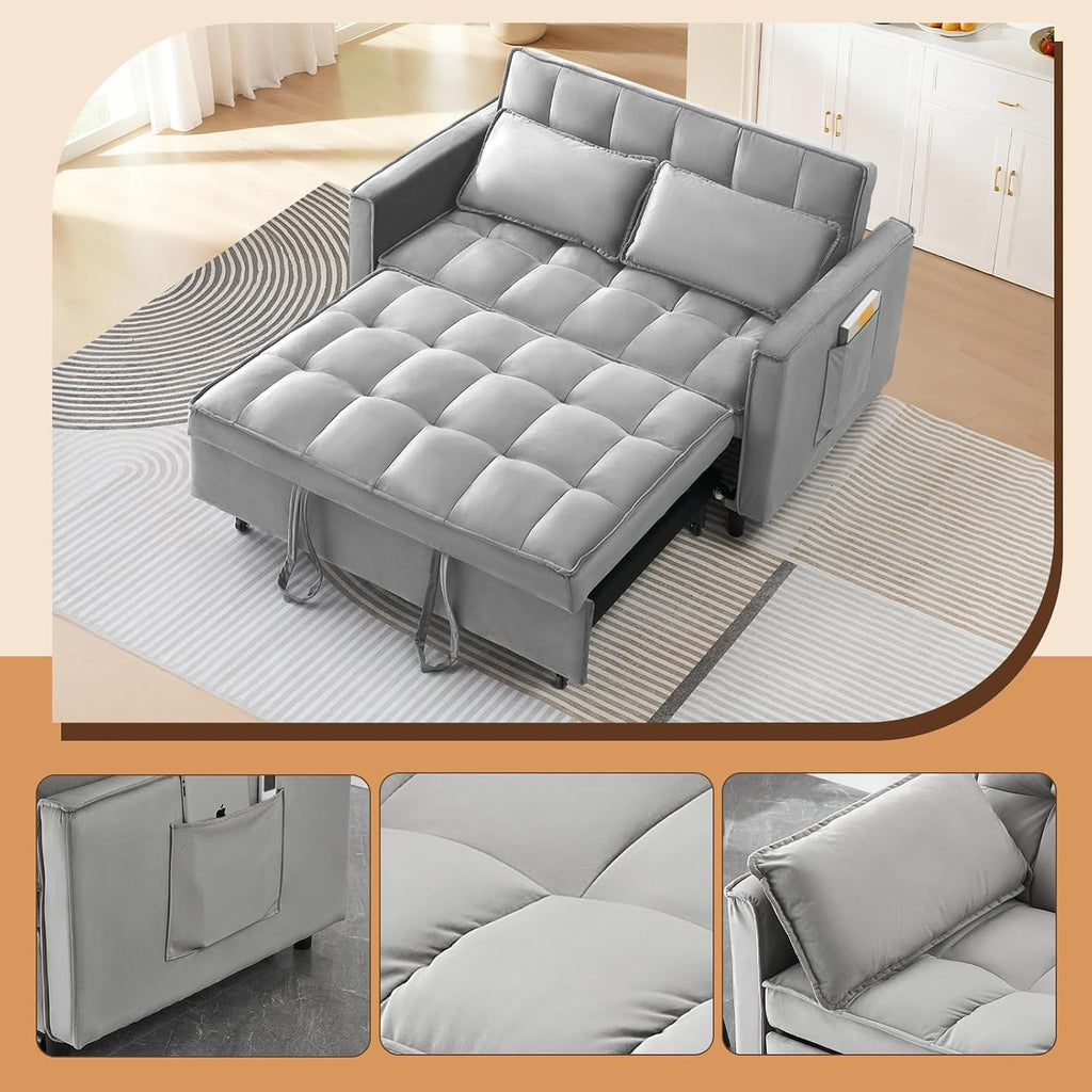 CAPCAEK 3 in 1 Convertible Sleeper Sofa Bed, Modern Velvet Loveseat Pull-Out Couch w/Pullout Bed, Small Love Seat Lounge Sofa w/Reclining Backrest,Toss Pillows, Pockets, for Living Room (Grey, 55.1)