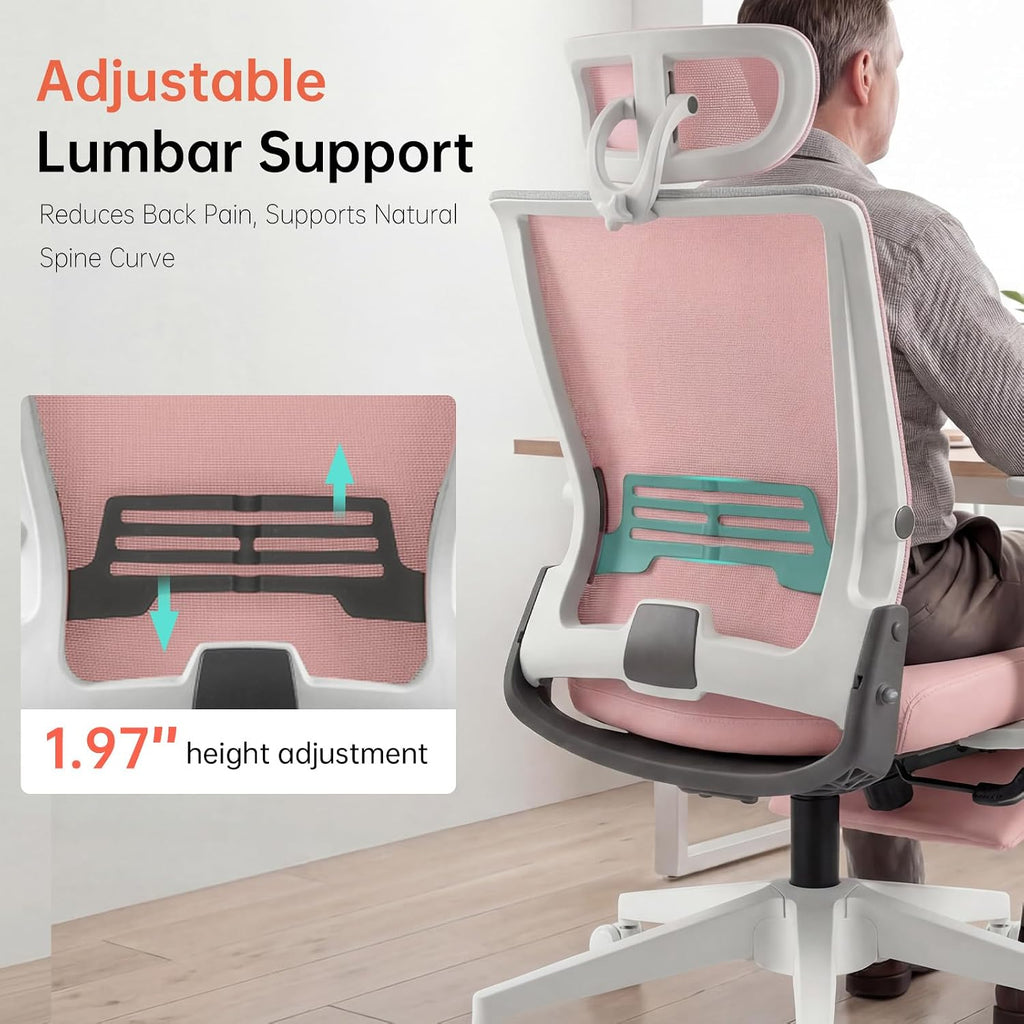 Foldable Office Chair with Foot Rest, Ergonomic Office Chair with Adjustable Lumbar Support, Headrest, Armrest, Home Office Desk Chair for Space Saving, Work from Home, Pink