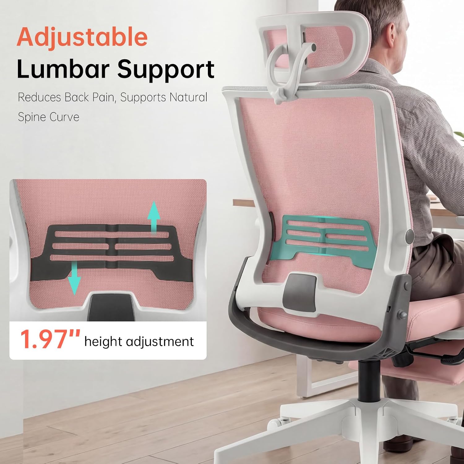 Foldable Office Chair with Foot Rest, Ergonomic Office Chair with Adjustable Lumbar Support, Headrest, Armrest, Home Office Desk Chair for Space Saving, Work from Home, Pink