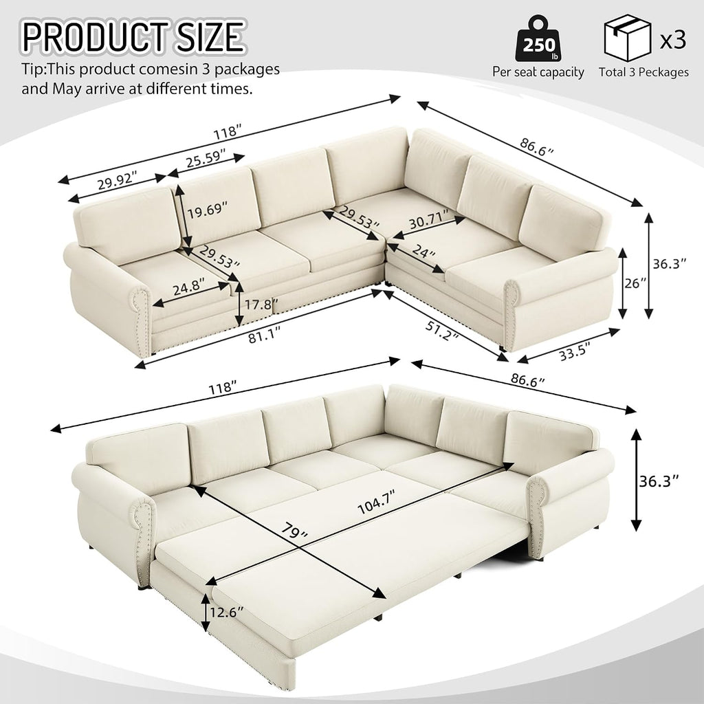 118'' Sleeper Sofa Bed, Convertible Pull Out Couch, Upholstered Sectional Sofa, Chenille L-Shaped Couch with Nailhead Trim, 6-Seater Modern Sectional Couches for Living Room, Apartment, Beige