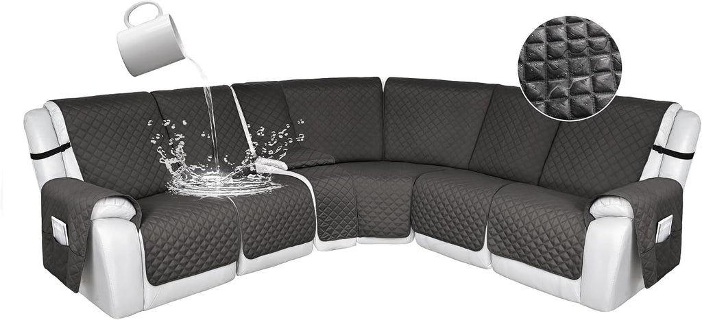 HDCAXKJ 100% Waterproof Reclining Sectional Couch Covers L Shape Recliner Sofa Cover Washable Quilted Soft Pet Dog Corner Recliner Slipcovers with Pockets (5 Seat and 1 Middle Console, Charcoal Gray)