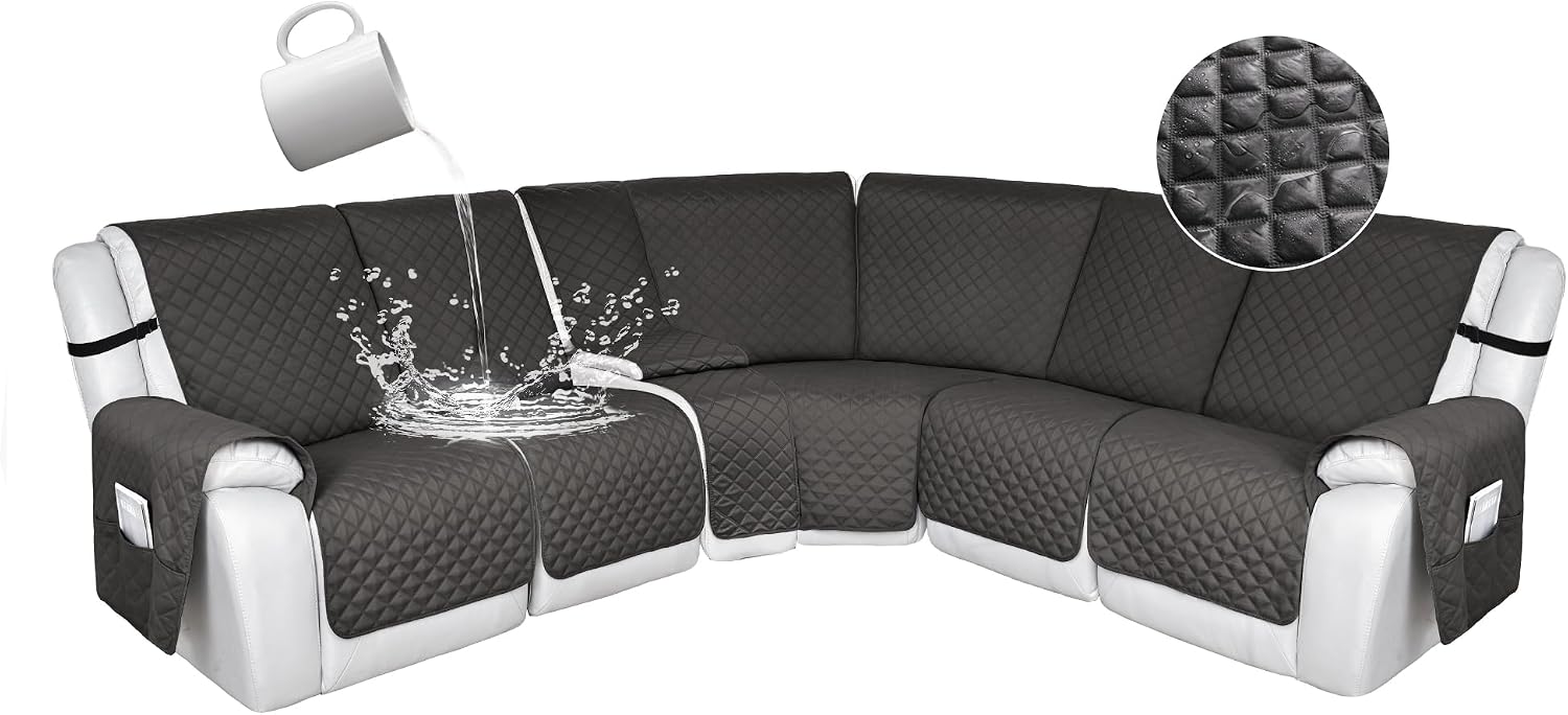 HDCAXKJ 100% Waterproof Reclining Sectional Couch Covers L Shape Recliner Sofa Cover Washable Quilted Soft Pet Dog Corner Recliner Slipcovers with Pockets (5 Seat and 1 Middle Console, Charcoal Gray)