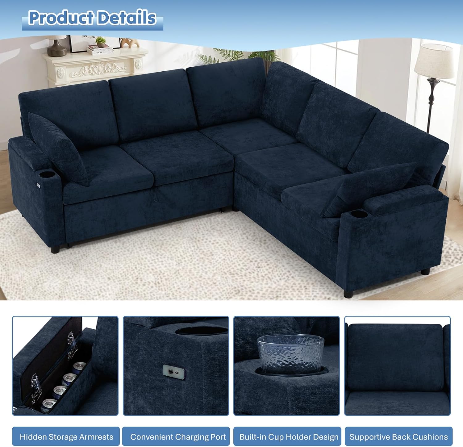 85' Chenille Reversible Sectional Sofa w/Pull-Out Bed, Upholstery L-Shaped Couch w/Storage Armrests & Cup Holders, Modern Corner Sofa w/USB Charging Port & Throw Pillow for Living Room, Blue