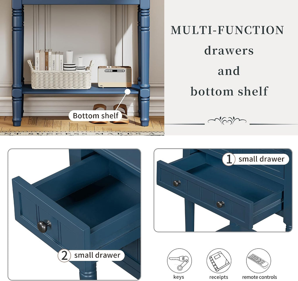 Merax Narrow Console Table, Elegant Slim Entryway Table Sofa Table with Three Storage Drawers and Bottom Shelf for Entryway for Hallway, and Living Room (Navy)
