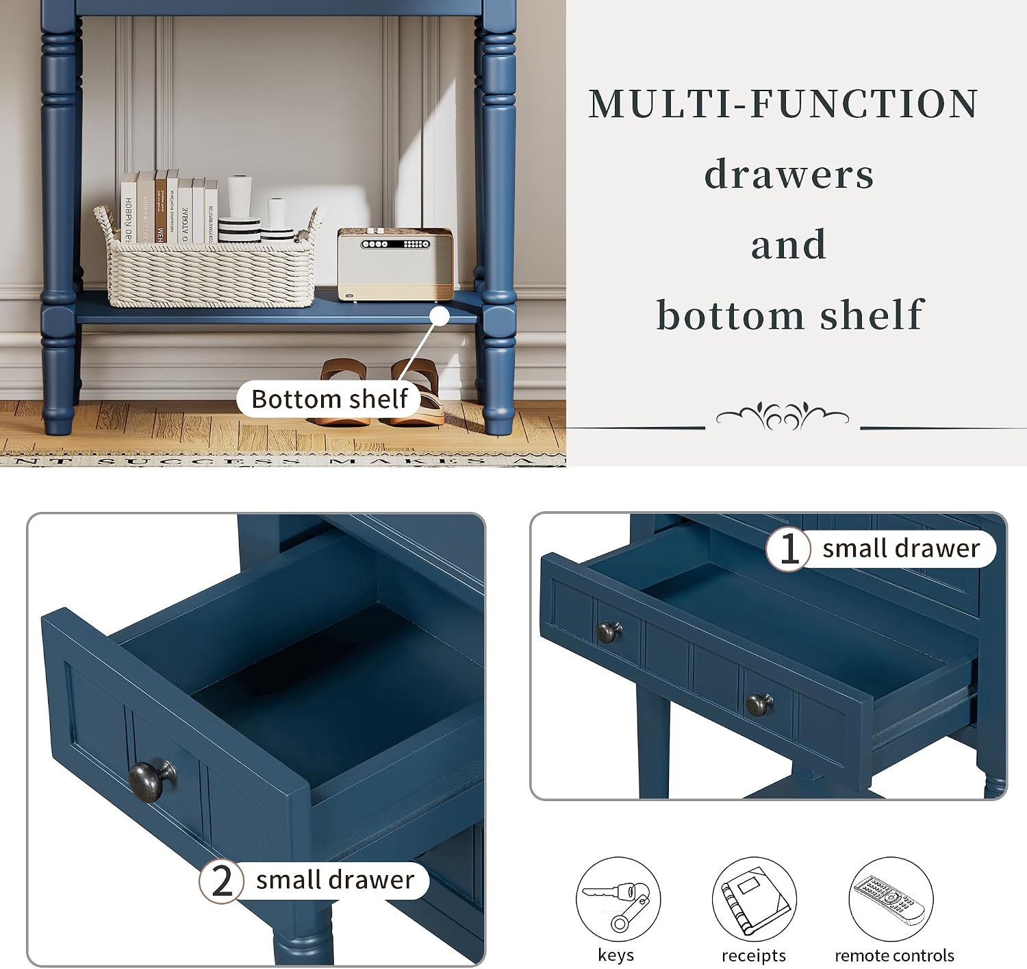 Merax Narrow Console Table, Elegant Slim Entryway Table Sofa Table with Three Storage Drawers and Bottom Shelf for Entryway for Hallway, and Living Room (Navy)
