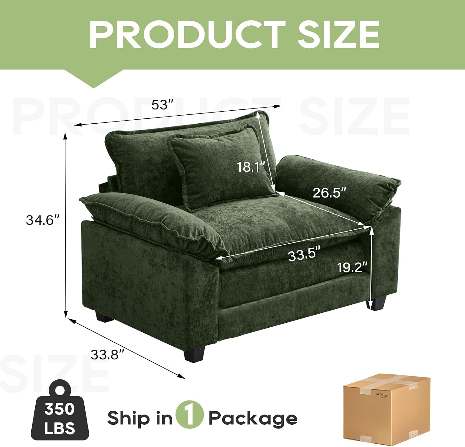 Oprisen Modular Sectional Sofa, Comfy Cloud Couch Sectional Sofa, Chenille Sofa Sleeper Deep Seat Sofa with Throw Pillows for Living Room (Green, 53'- Single Seat)