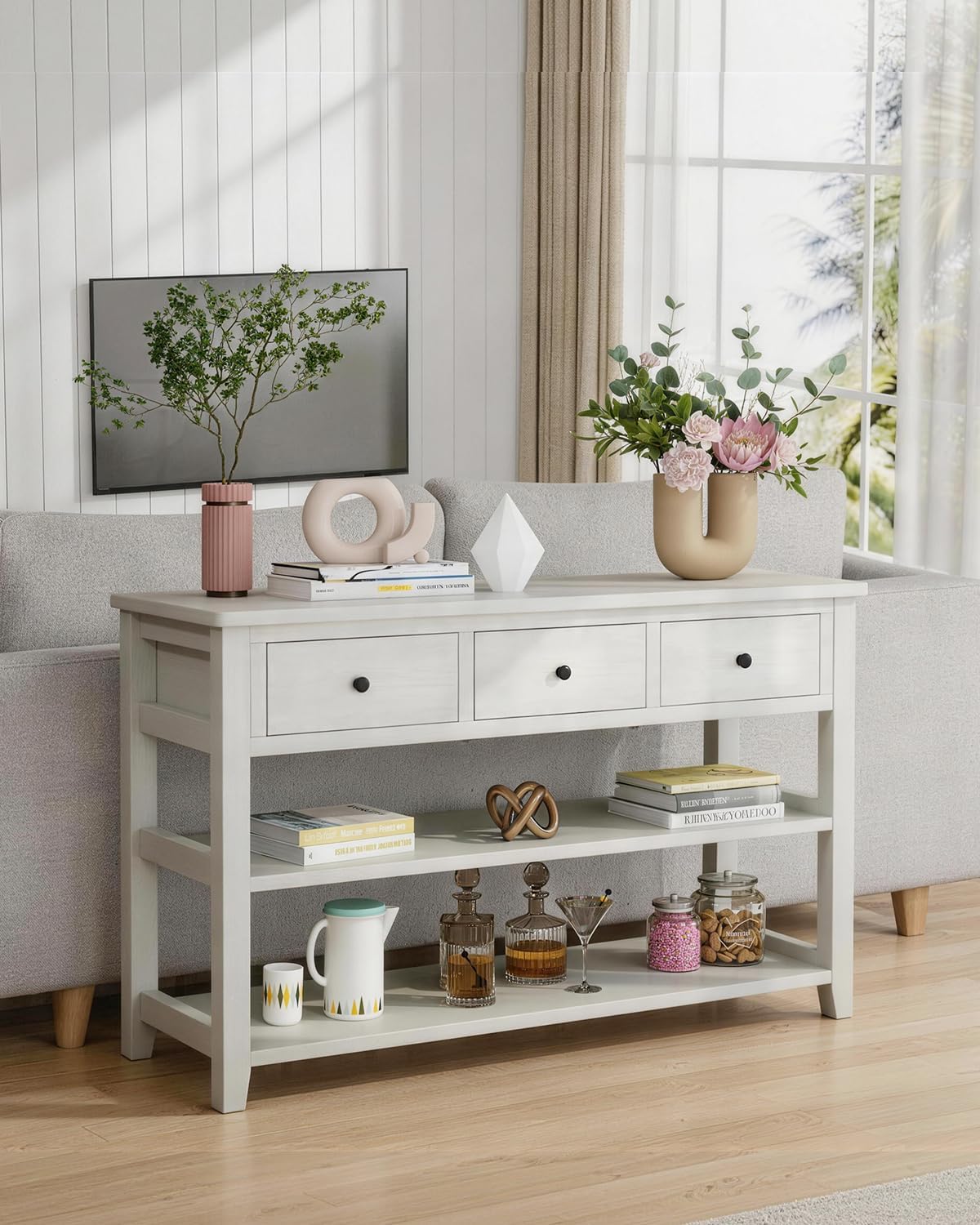 Karl home Console Table Entryway Desk, Sofa Side Table with 3 Drawers 2 Bottom Storage Shelves, Vintage TV Stand for Hallway Living Room Office, Antique White 29.9' H