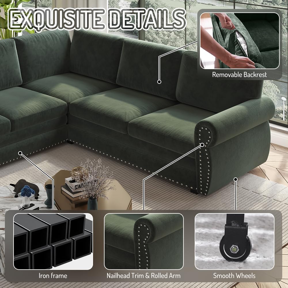 118'' Pull Out Couch, Convertible Sleeper Sofa Bed, Upholstered Sectional Sofa, Chenille L-Shaped Couch with Nailhead Trim, 6-Seater Modern Sectional Couches for Living Room, Apartment, Green