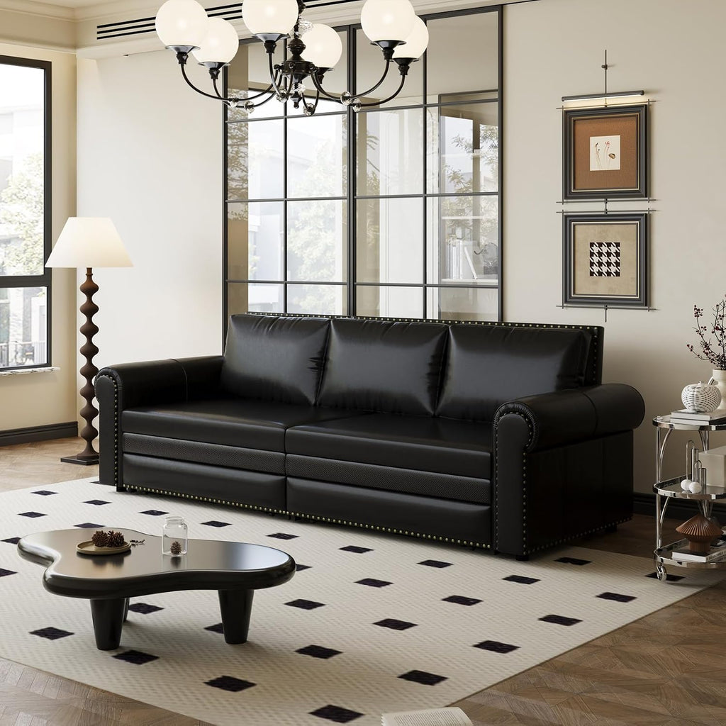 Faux Leather Sleeper Sofa Couch with Pullout Bed, 93.7' King Size Sleeper Sofa Bed, 3 in 1 Convertible Sofa Bed with Nailhead Trim & Rolled Arm for Living Room Bedroom Office (Black)