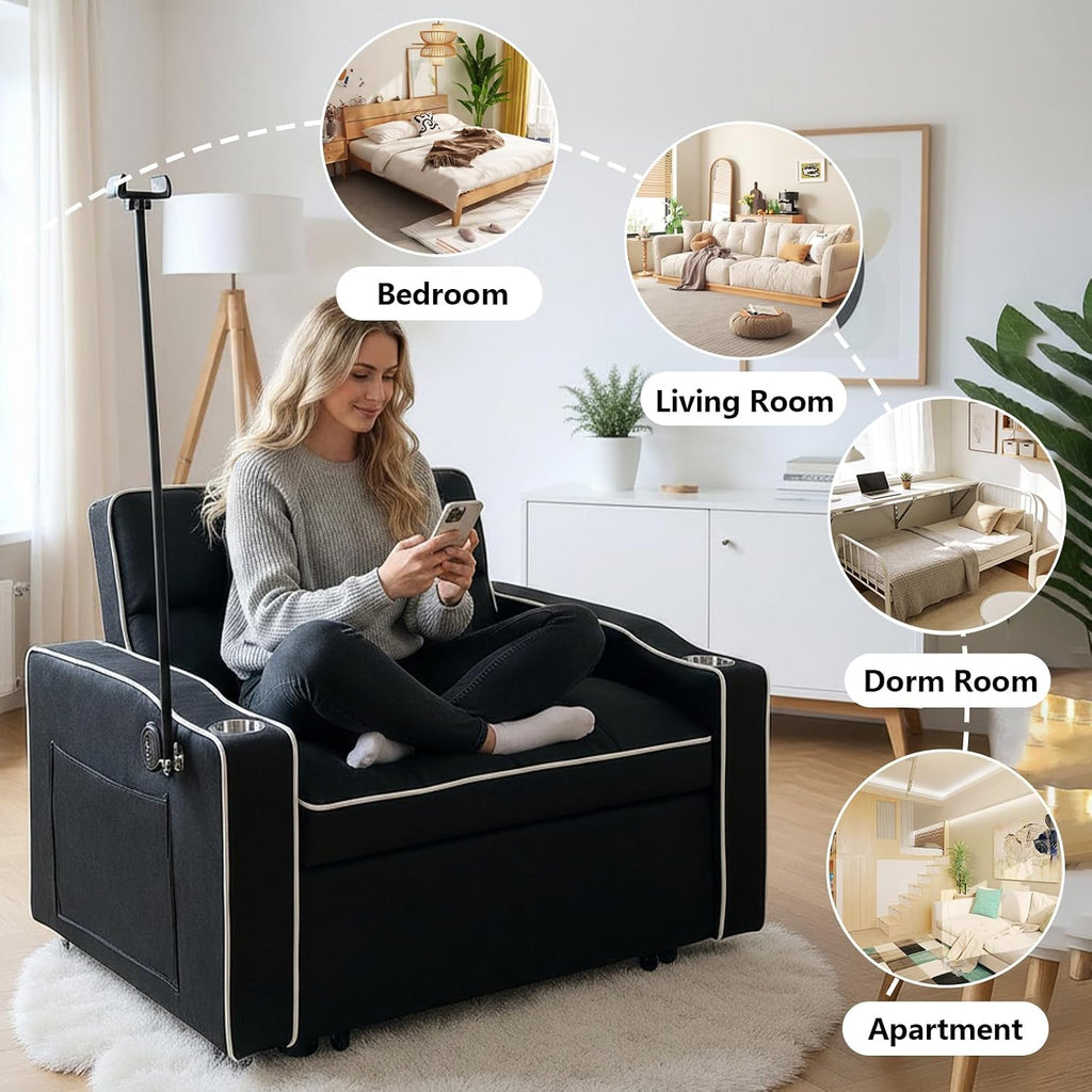 Majnesvon Modern Velvet Fabric Sofa Bed Futon,3 in 1 Convertible Pullout Bed Couches with 3 Reclining Backrests,Phone Stand,Small Sofa Single Sleeper Chair Bed for Living Room Bedroom (Black)