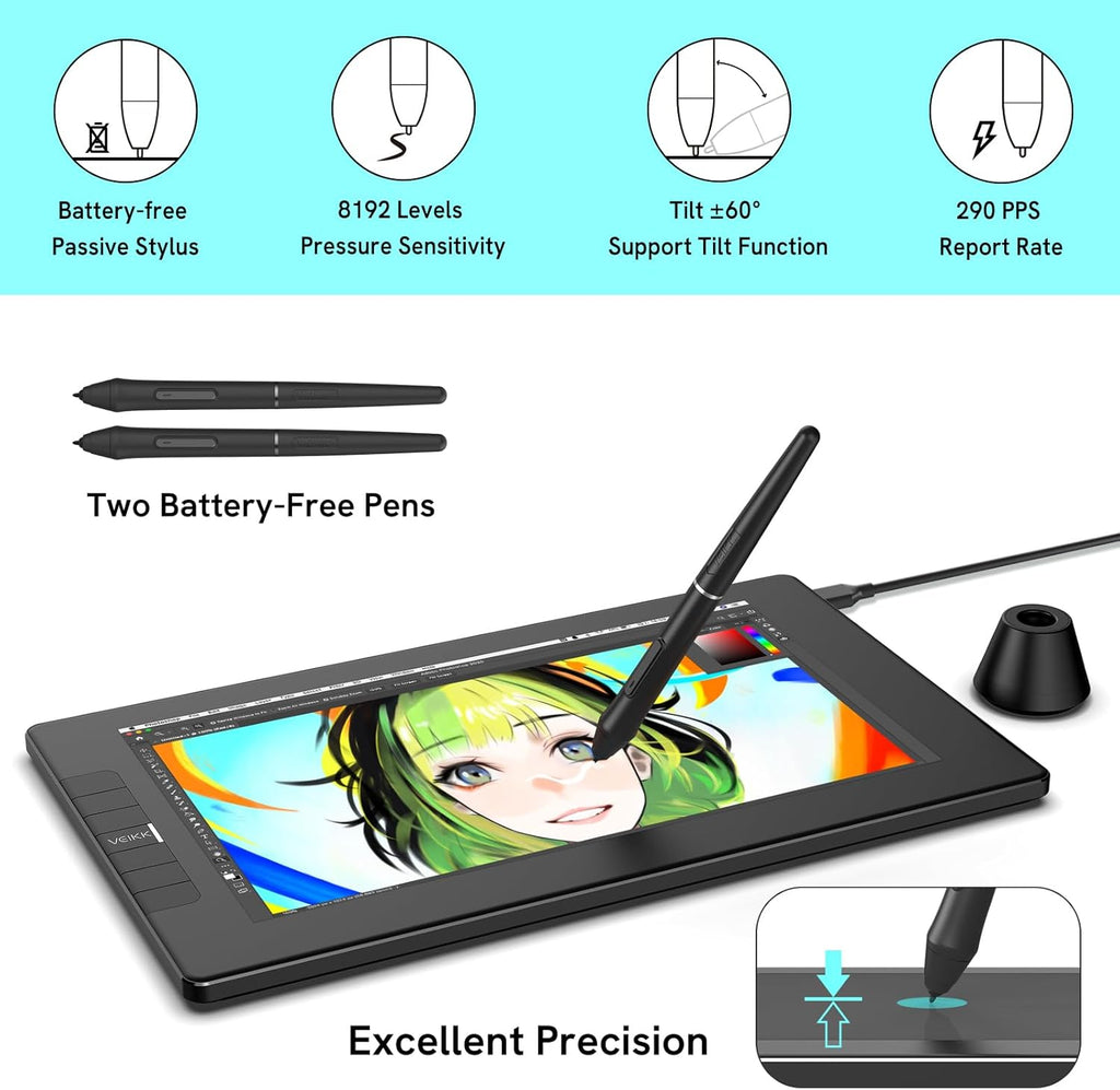 VEIKK VK1200 11.6 inch Drawing Tablet with Screen, 8192 Levels Pressure Battery-Free Pen, Tilt Function, 6 Shortcut Keys, for Artists, Students, and Beginners