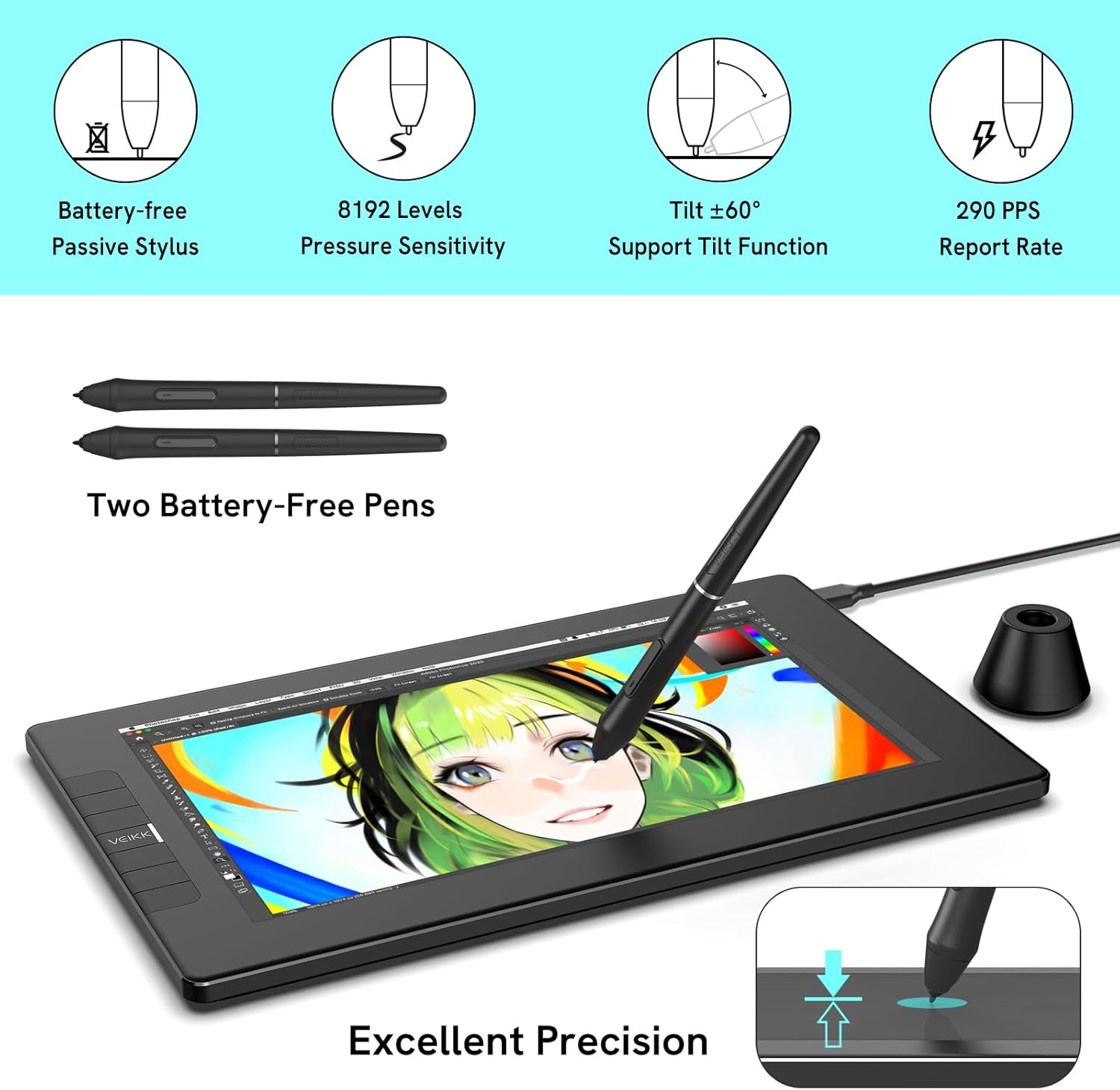 VEIKK VK1200 11.6 inch Drawing Tablet with Screen, 8192 Levels Pressure Battery-Free Pen, Tilt Function, 6 Shortcut Keys, for Artists, Students, and Beginners