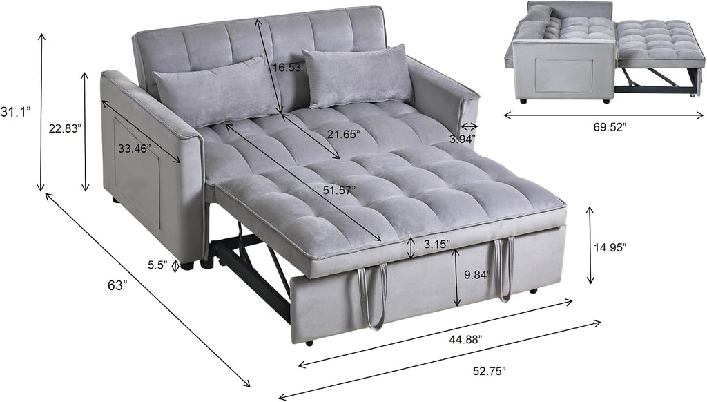 3 in 1 Convertible Sleeper Sofa Bed, 53' Pull Out Sofa Bed with 3-Level Adjustable Backrest, Velvet Fabric Loveseat Sleeper Couch for Living Room & Bedroom & Apartment & Dorm, Light Gray
