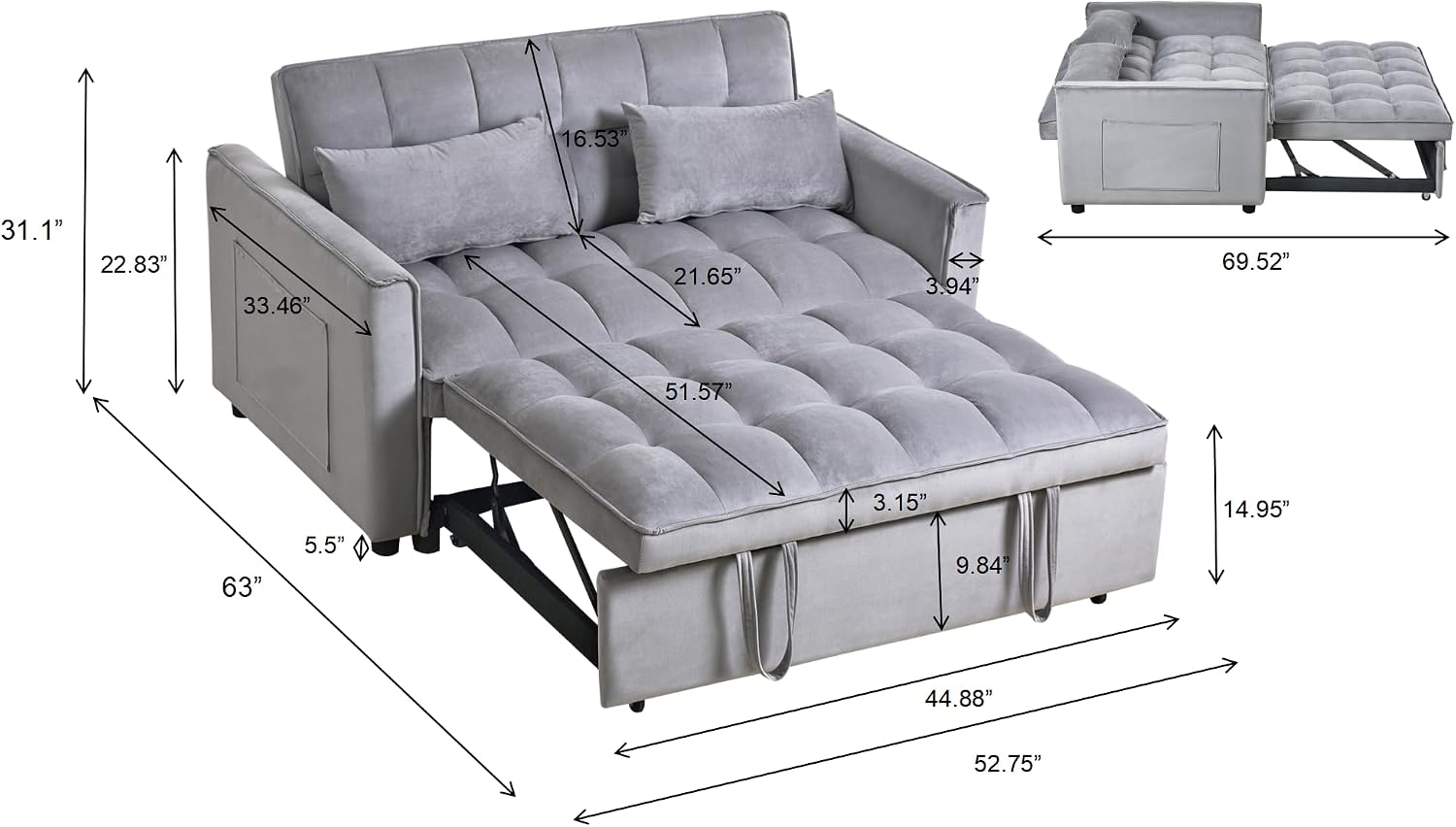 3 in 1 Convertible Sleeper Sofa Bed, 53' Pull Out Sofa Bed with 3-Level Adjustable Backrest, Velvet Fabric Loveseat Sleeper Couch for Living Room & Bedroom & Apartment & Dorm, Light Gray