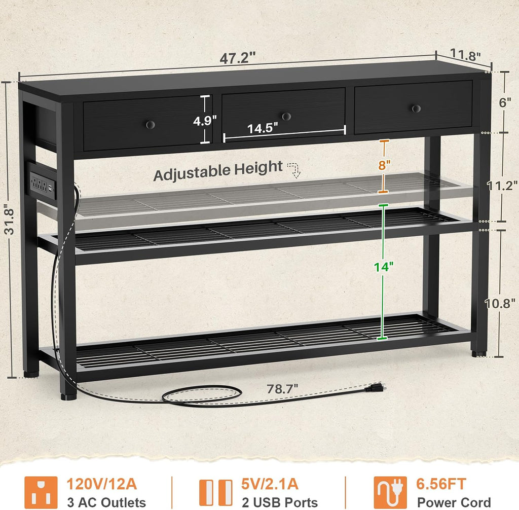Ecopriso 47'' Entryway Table with Outlets and USB Ports, Console Table with 3 Drawers, Sofa Table Narrow Long with Storage Shelves for Living Room, Couch, Hallway, Foyer, Kitchen Counter, Black